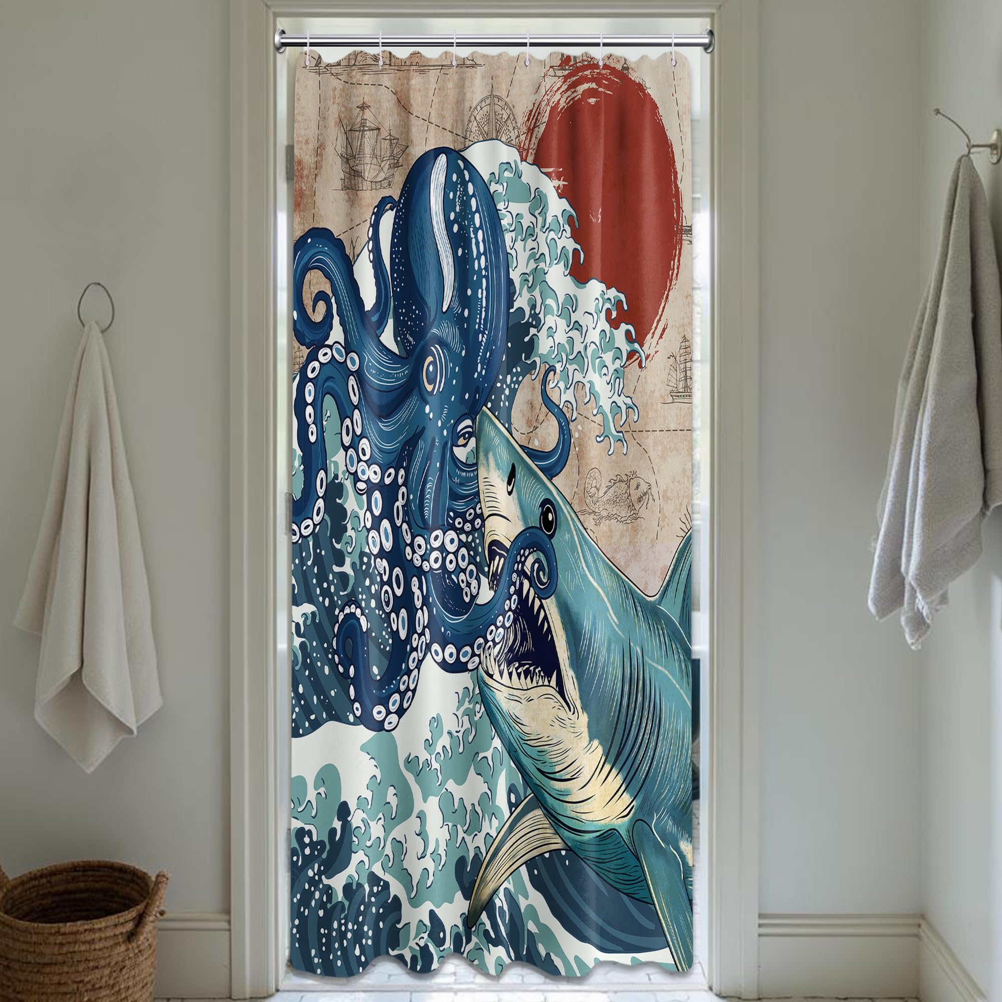 Dltay Funny Shower Curtain, Japanese Ocean Wave Anime Shower Curtains For Bathroom Decor, Waterproof Fabric Set With Hooks, 36 W