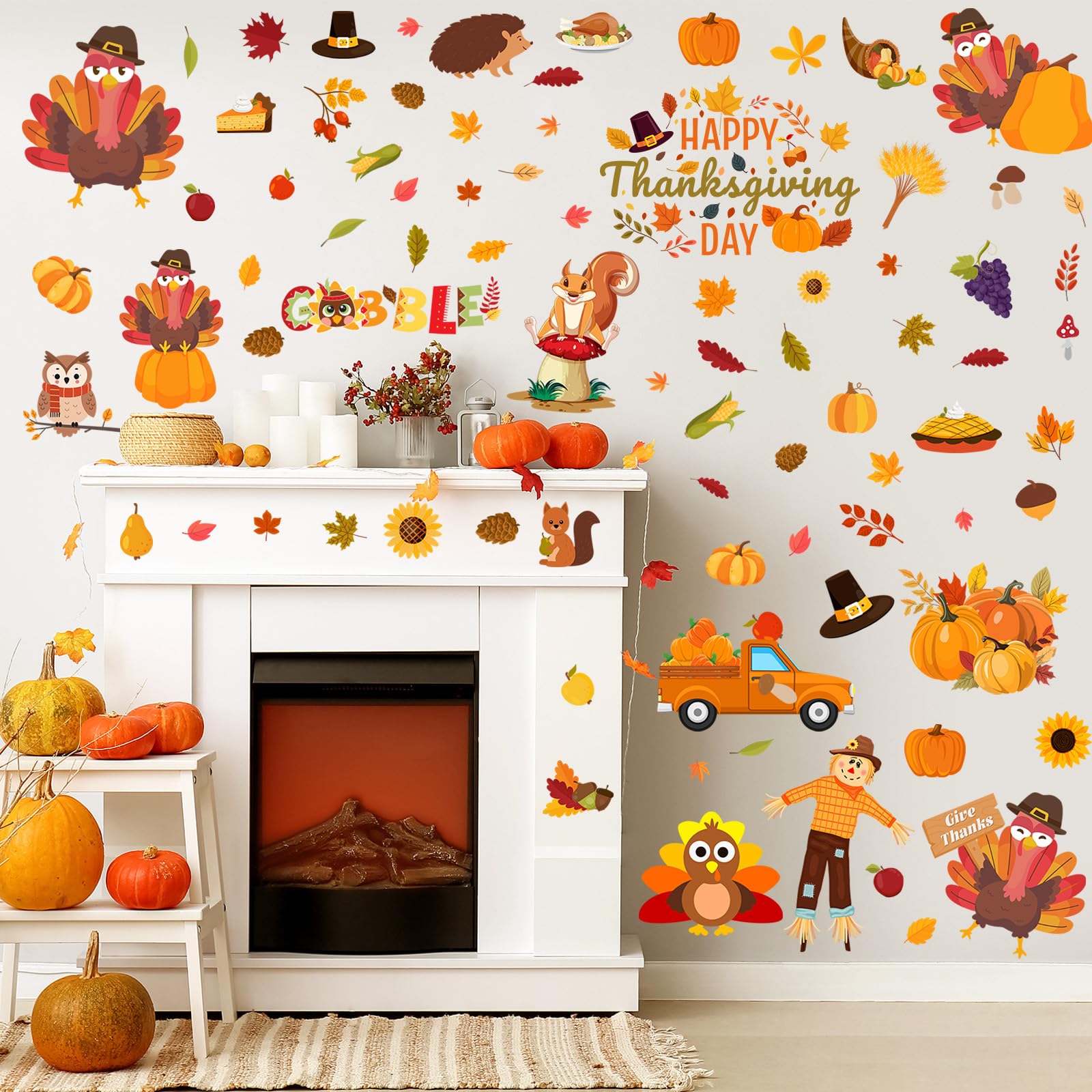 ReliThick 6 Sheets Thanksgiving Wall Decals Turkey Wall Decals Pumpkin Turkey Clings for Glass Peel and Stick Thanksgiving Decor