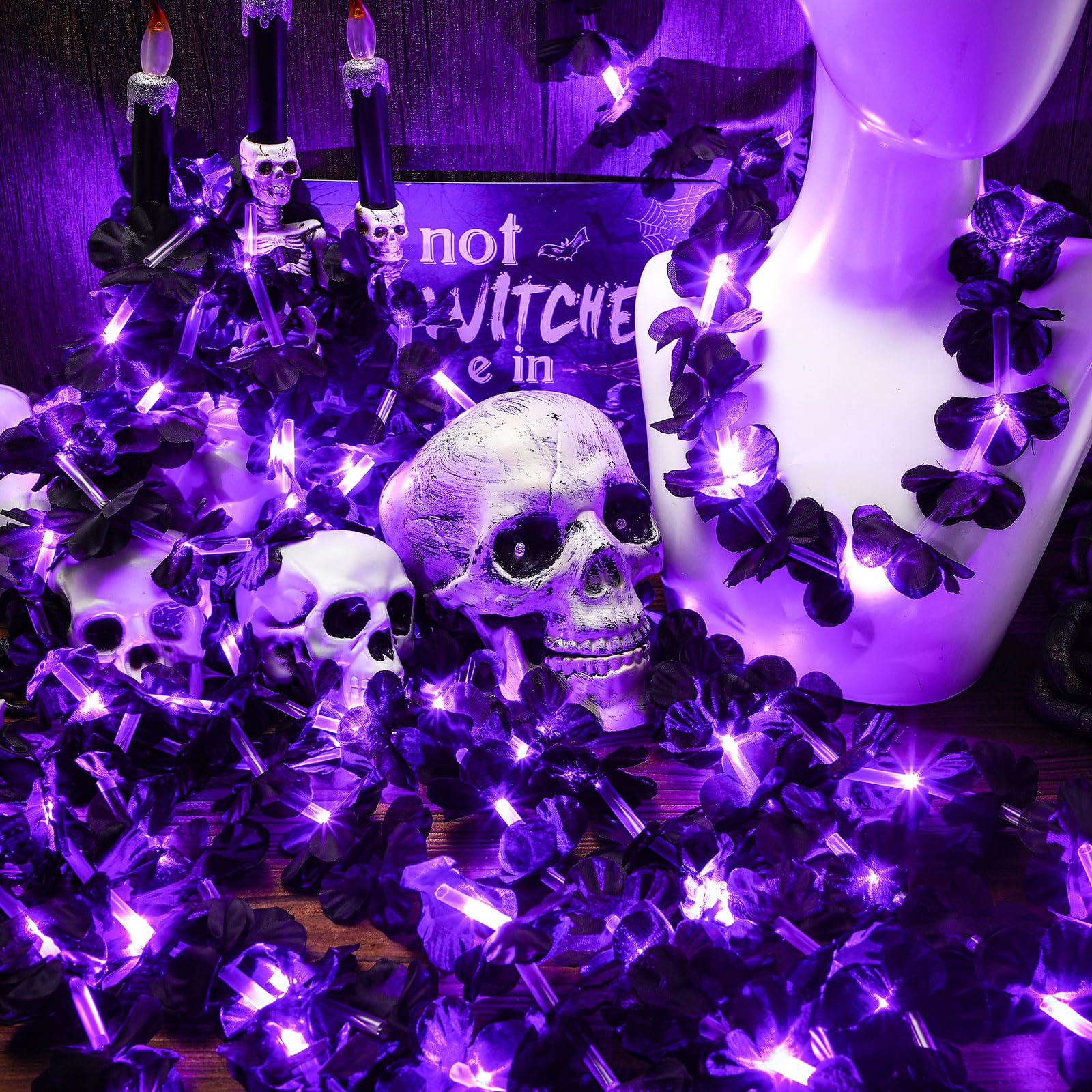 Sherr 48 Pcs LED Hawaiian Leis Light up Flower Leis Necklace with LED Lights Luau Flowers Necklaces for Masquerade Beach Wedding