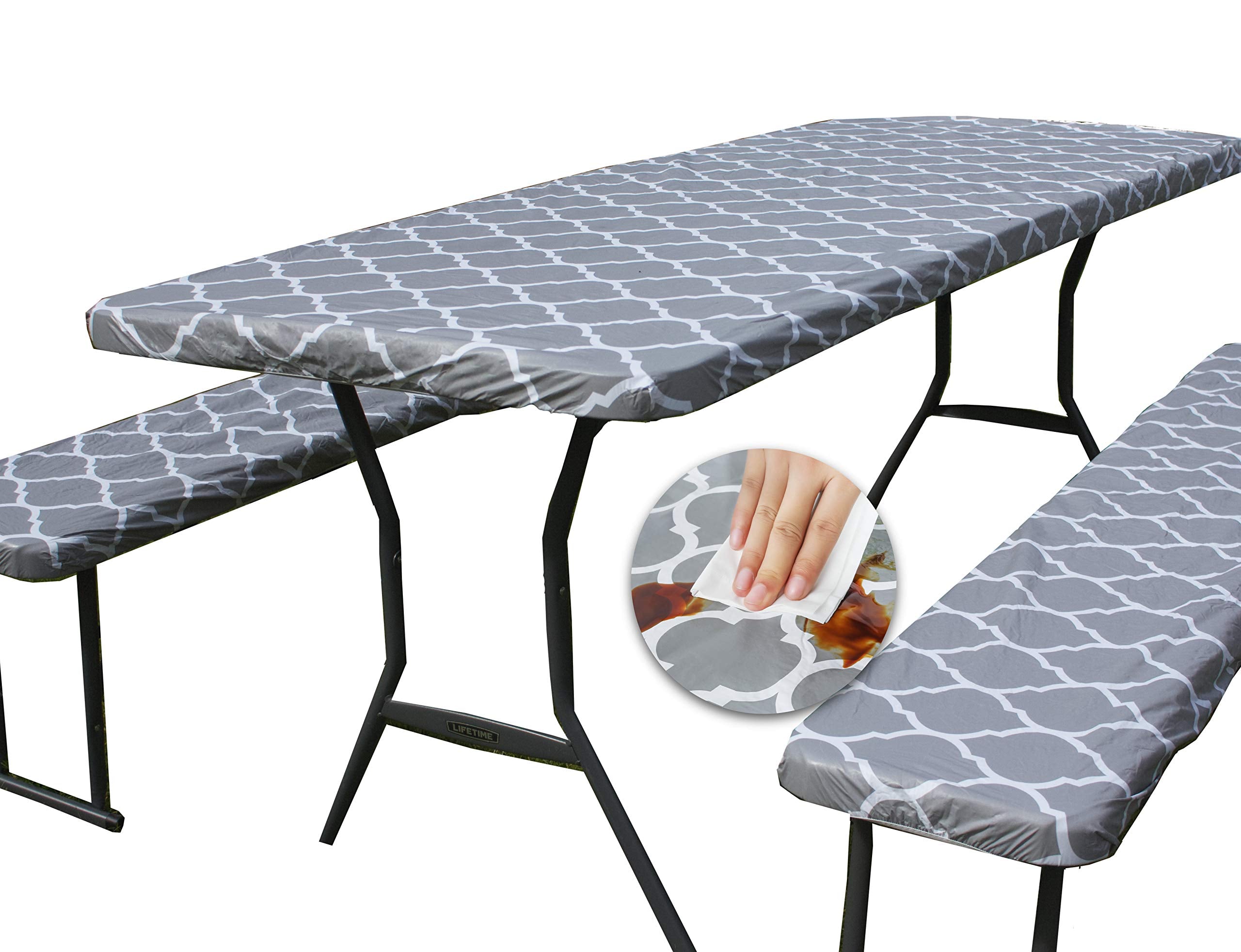 Rally Home Goods Vinyl Tablecloth Rectangular Fitted for Folding Table + Benches 3-pc Set, Flannel Backing Elastic 30x72 (6-FT