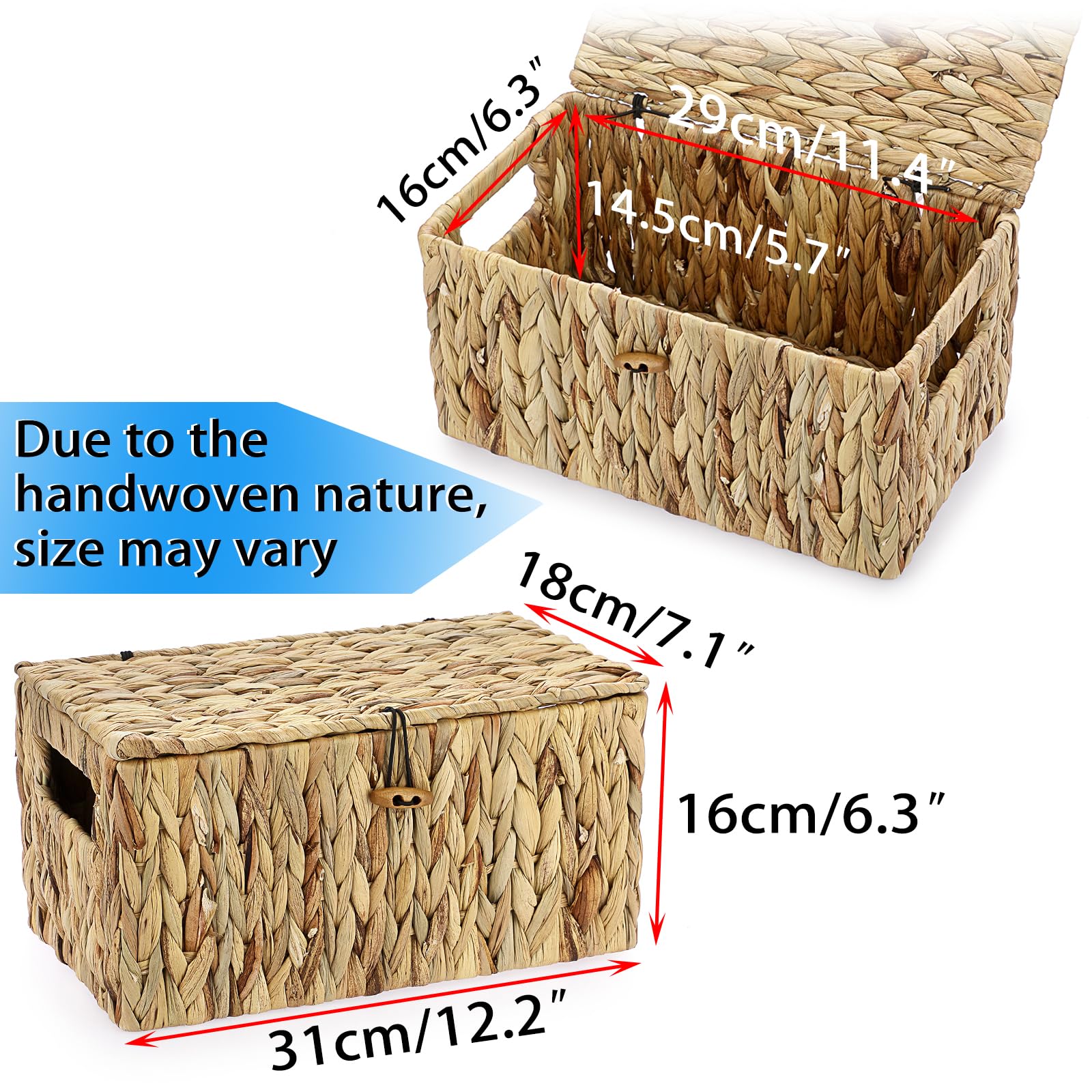Hipiwe Wicker Baskets Bin For Shelf Organizing, Handwoven Water Hyacinth Storage Basket Bins With Lid, Decorative Basket Box Wit