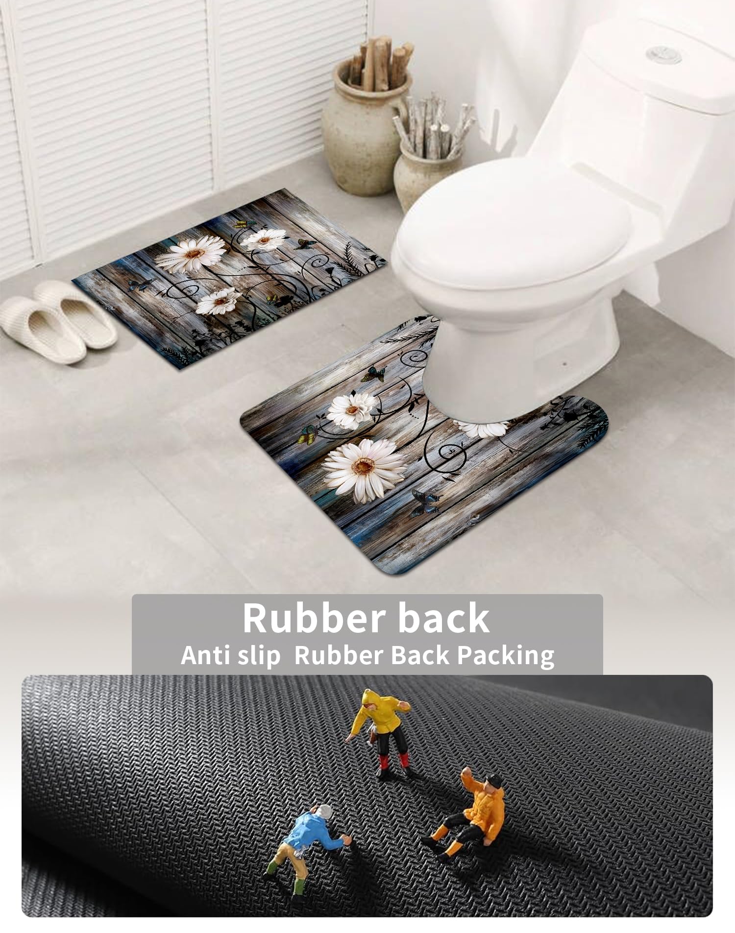 Muginyu Rustic Farmhouse Bathroom Mats Sets 3 Piece, Grey Daisy Floral Butterfly Bath Mat American Country Farm Thin Rubber Diat
