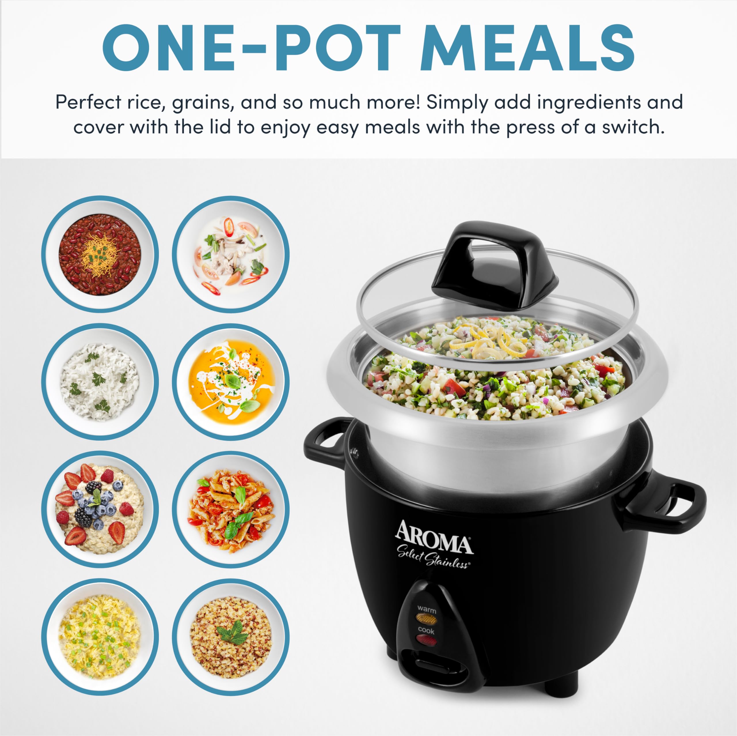 AROMA Stainless Steel Rice Cooker & Warmer, 3-Cup Uncooked/6-Cup Cooked, Model ARC-753SGB, Black