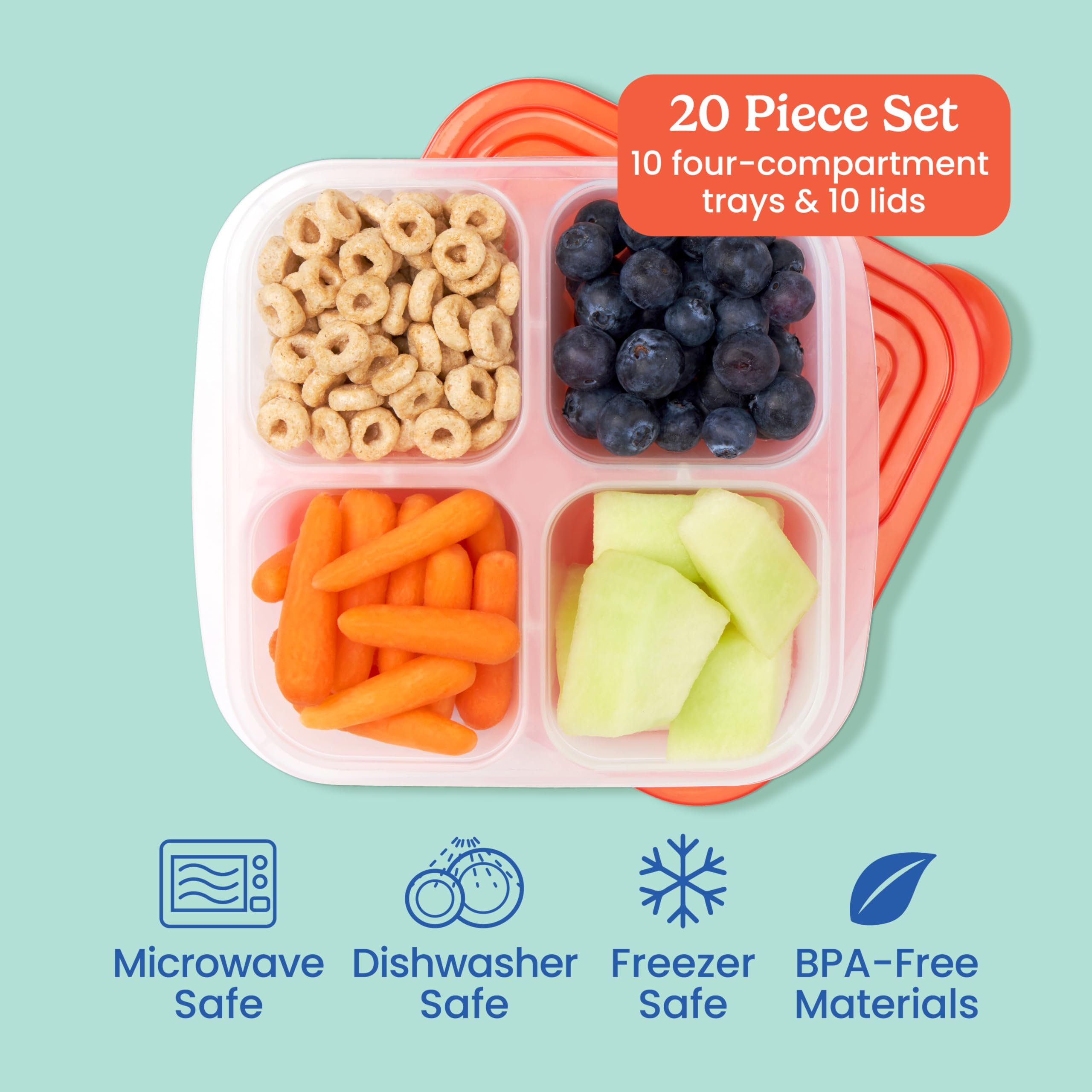 Bentgo Easyboxes 4-Compartment Snack Containers - 20-Piece Set With 10 Trays & 10 Custom-Fit Lids To Seal In Freshness - Reusabl