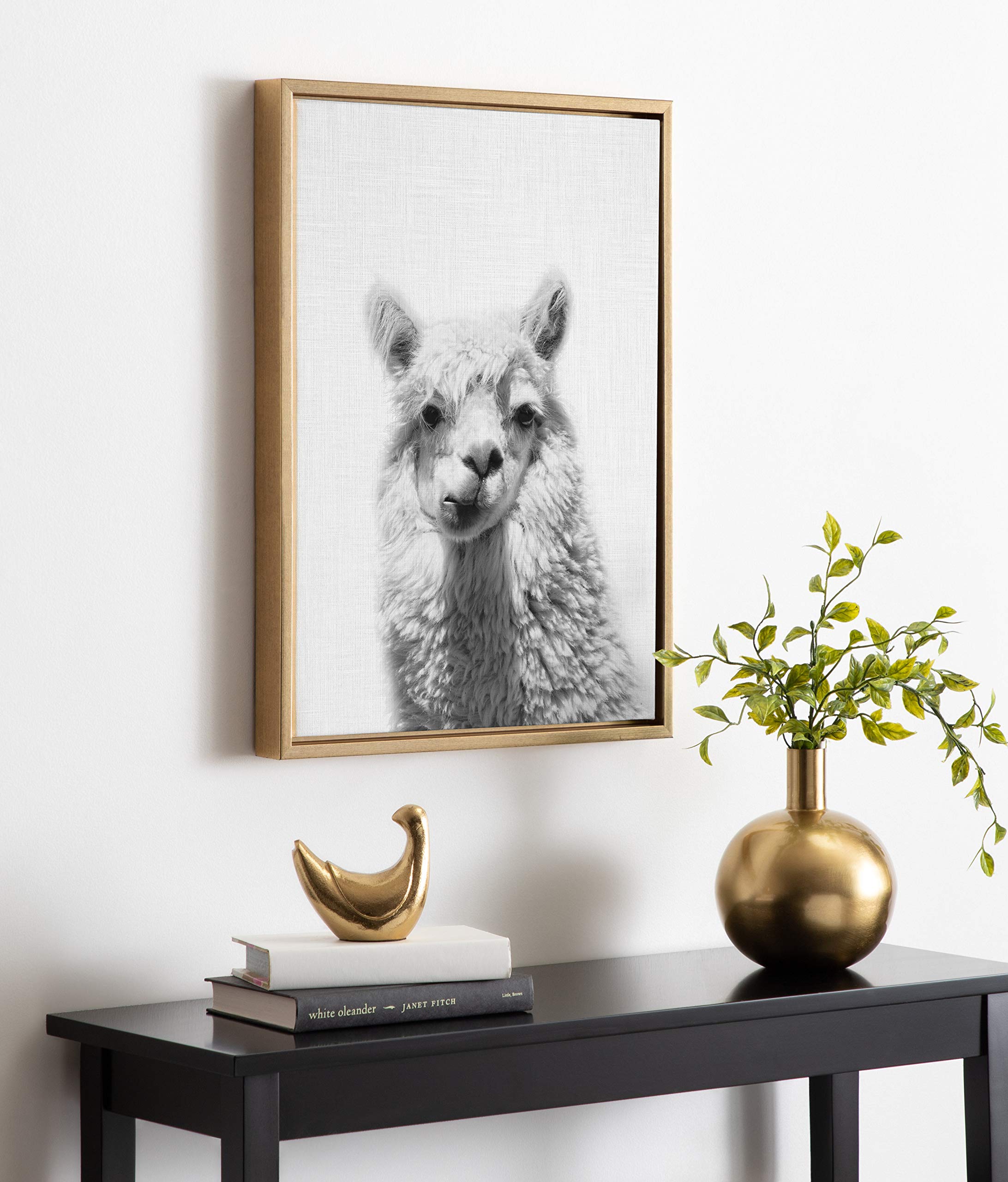Kate And Laurel Sylvie Alpaca Portrait Framed Canvas Wall Art By Simon Te Of Tai Prints, 18X24 Gold, Adorable Animal Home Decor