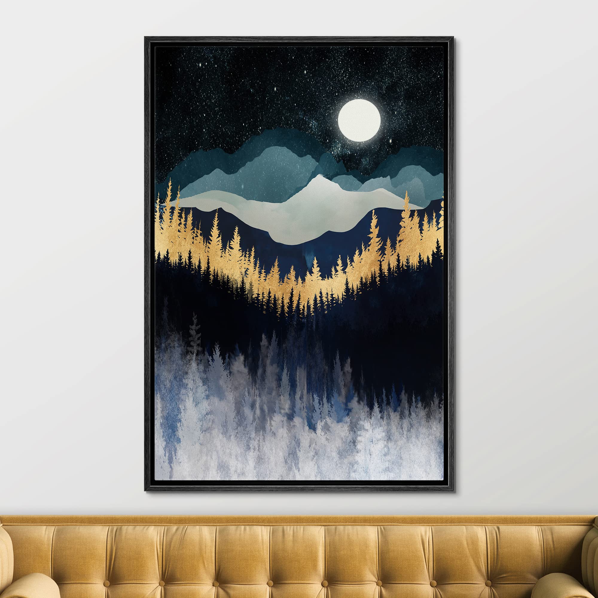 Signford Framed Canvas Print Wall Art Moonlight Sky Blue Gold Mountain Forest Nature Wilderness Illustrations Modern Art Decorat