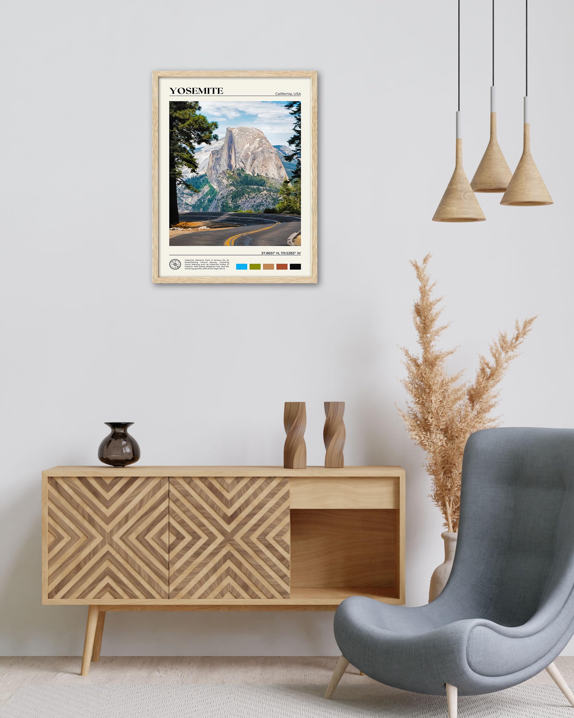 Hesendot Natural Oak Wood Yosemite National Park Framed Wall Art,12X16In Natural Scenery Canvas Wall Print,Classic Urban Landmar