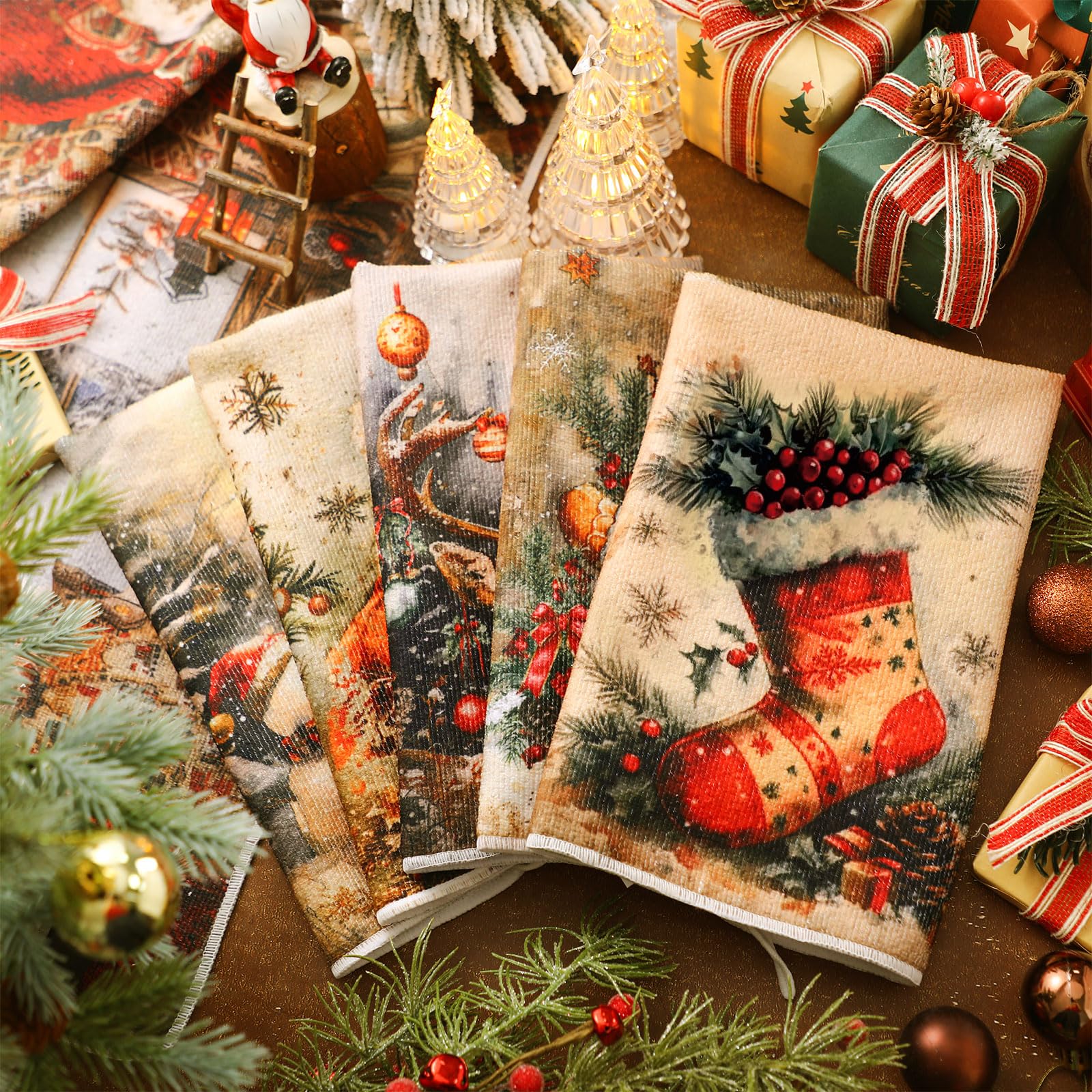 Hosuly 6 Pcs Christmas Kitchen Towels Hand Towels Christmas Snowman Santa Elk Dish Cloth Xmas Tree Cloth Housewarming Gifts for