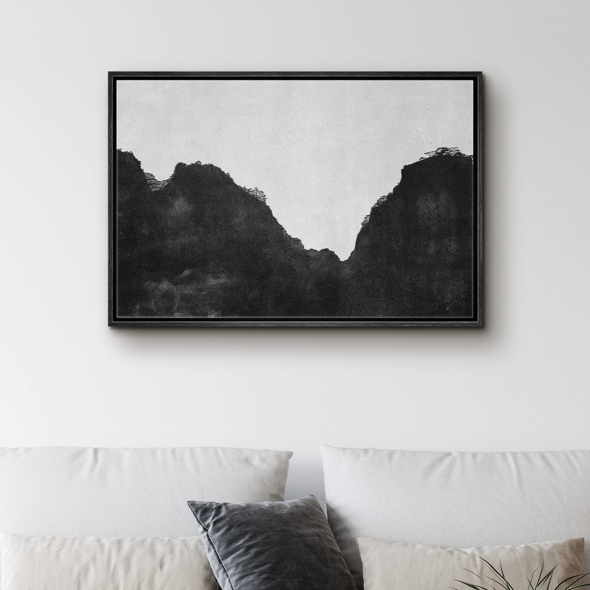 SIGNWIN Framed Canvas Print Wall Art Black Gray Watercolor Mountain Landscape Abstract Nature Illustrations Modern Art Decorative Elements Duotone for Living Room  Bedroom  Office - 16''x24'' Black