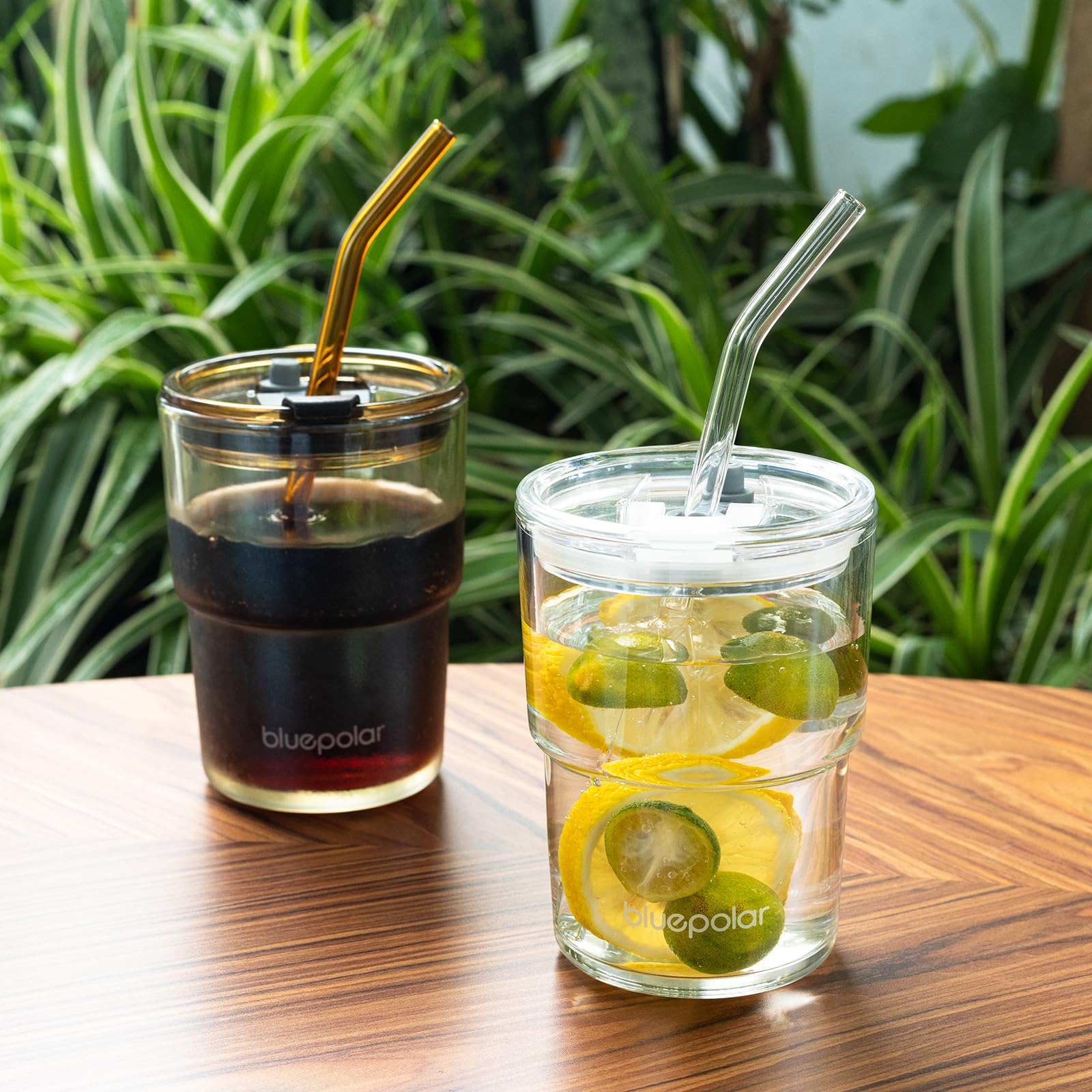 Bluepolar 13Oz/400Ml Glass Water Tumbler With Straw And Lid Sealed Carry On Thick Wall Iced Coffee Cup Glass Cup For Water, Iced