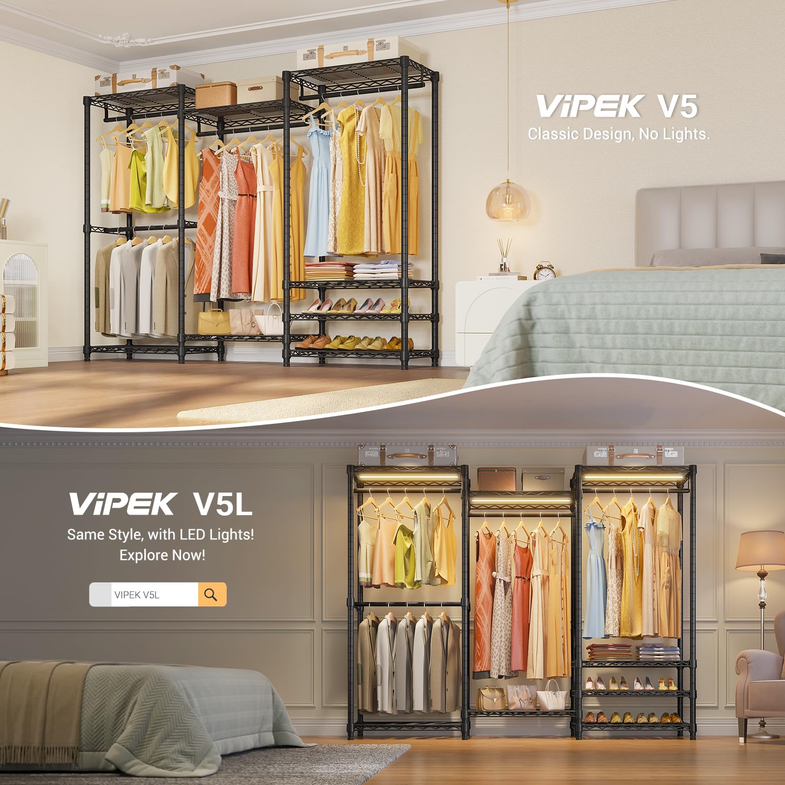 VIPEK V5 Portable Closet Wardrobe Heavy Duty Clothes Rack  Freestanding Clothing Rack with 4 Hang Rods & 8 Shelves  Adjustable Closet Rack  68.9 '' L x 15.7 '' W x 76.4 '' H  Max Load 800LBS  Black