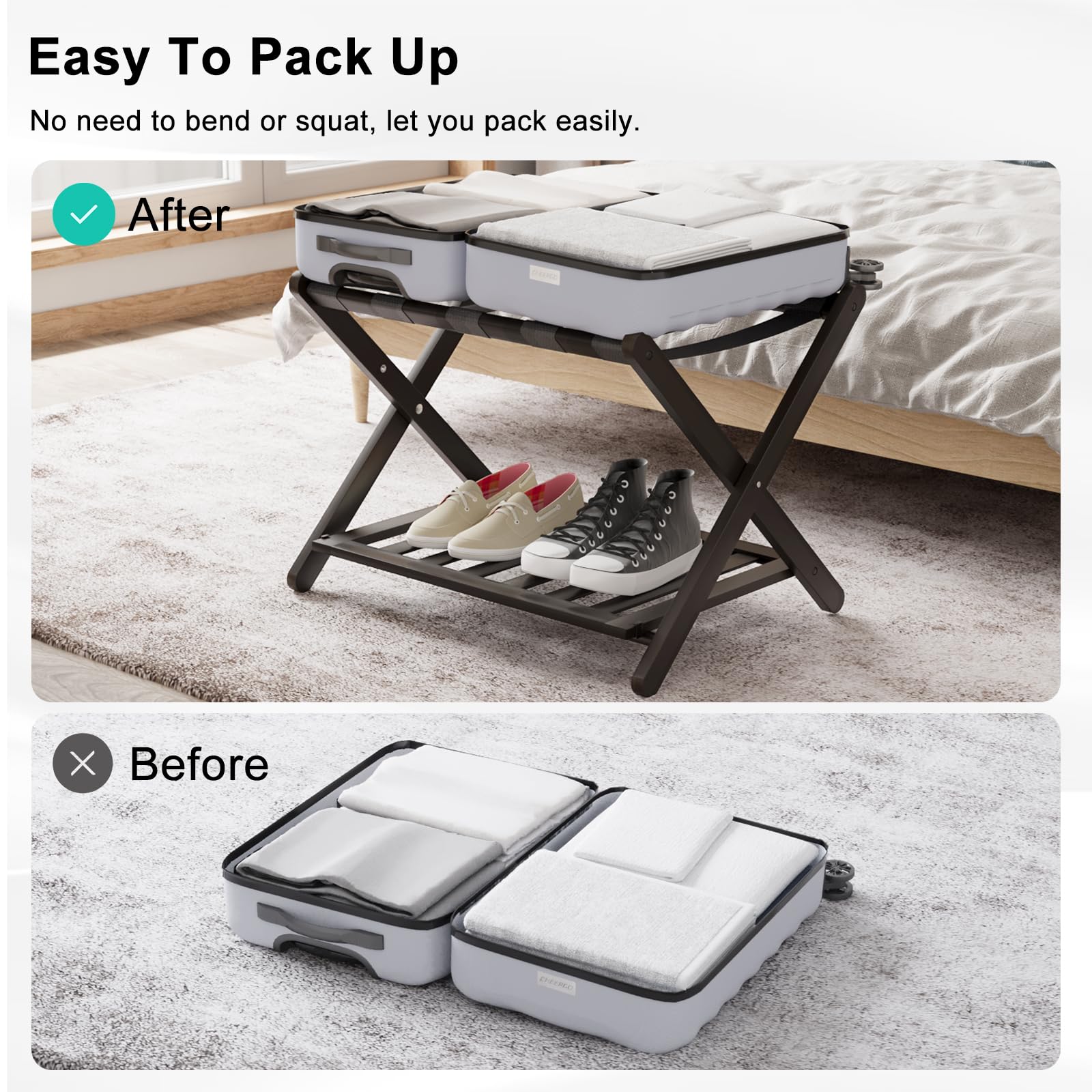 Smuxee Fully Assembled Luggage Rack For Guest Room, Upgraded Bamboo Foldable Suitcase Stand With 5 Nylon Straps, Dark Brown Lugg