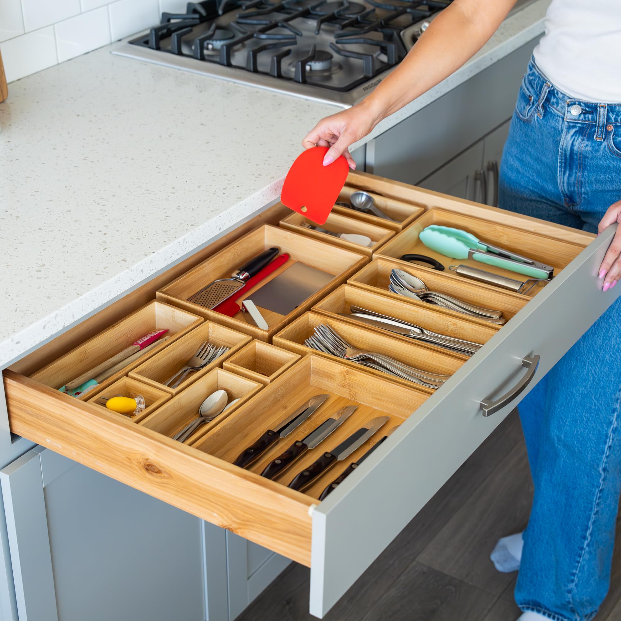 Grow Forward 14-Piece Bamboo Bathroom Drawer Organizer Trays - Wood Junk Drawer Organizers for Kitchen, Office, Vanity, Desk, Ni