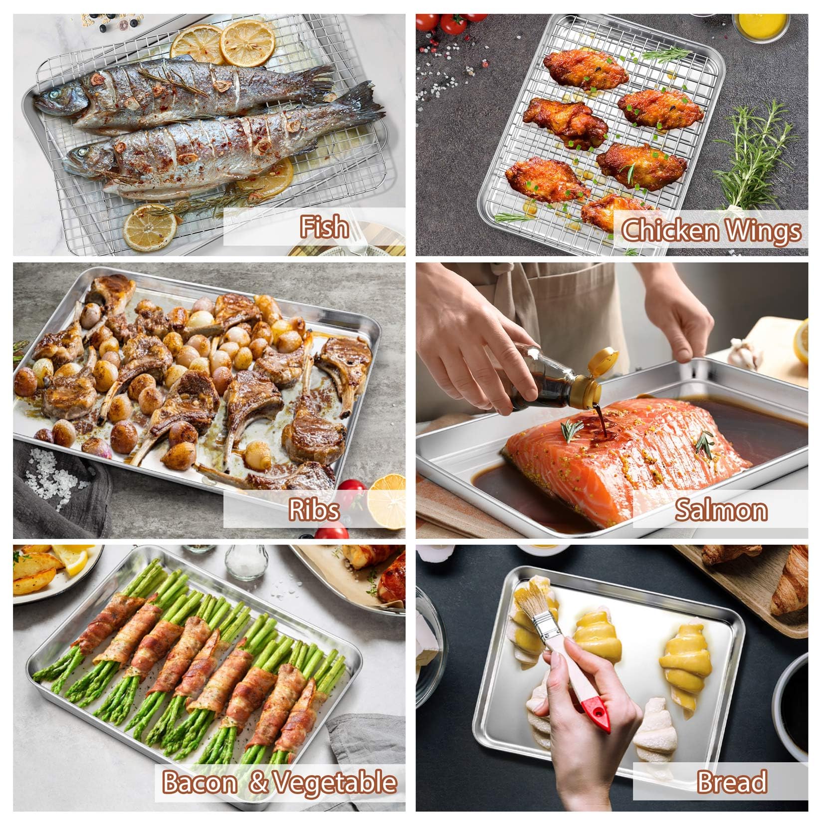 P&P Chef Baking Sheet And Rack Set, 8 Pack (4 Sheets + 4 Racks), 4 Sizes Stainless Steel Cookie Sheets Baking Pans With Cooling