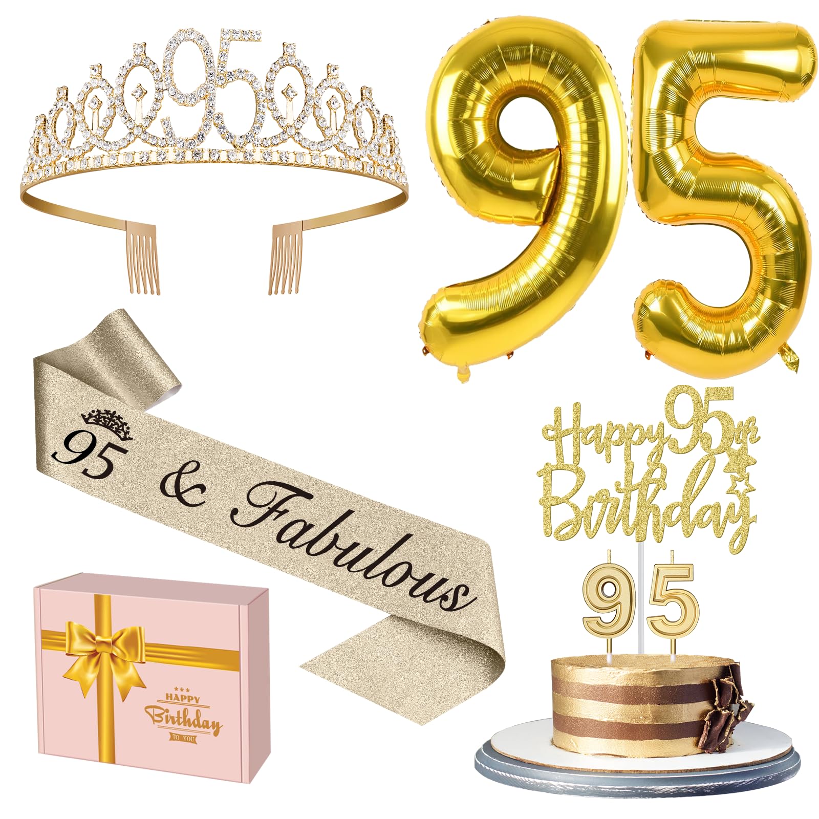 95Th Birthday Decorations For Women Gold With 95Th Birthday Sash And Tiara, 95Th Birthday Cake Topper And Birthday 95 Candles, B