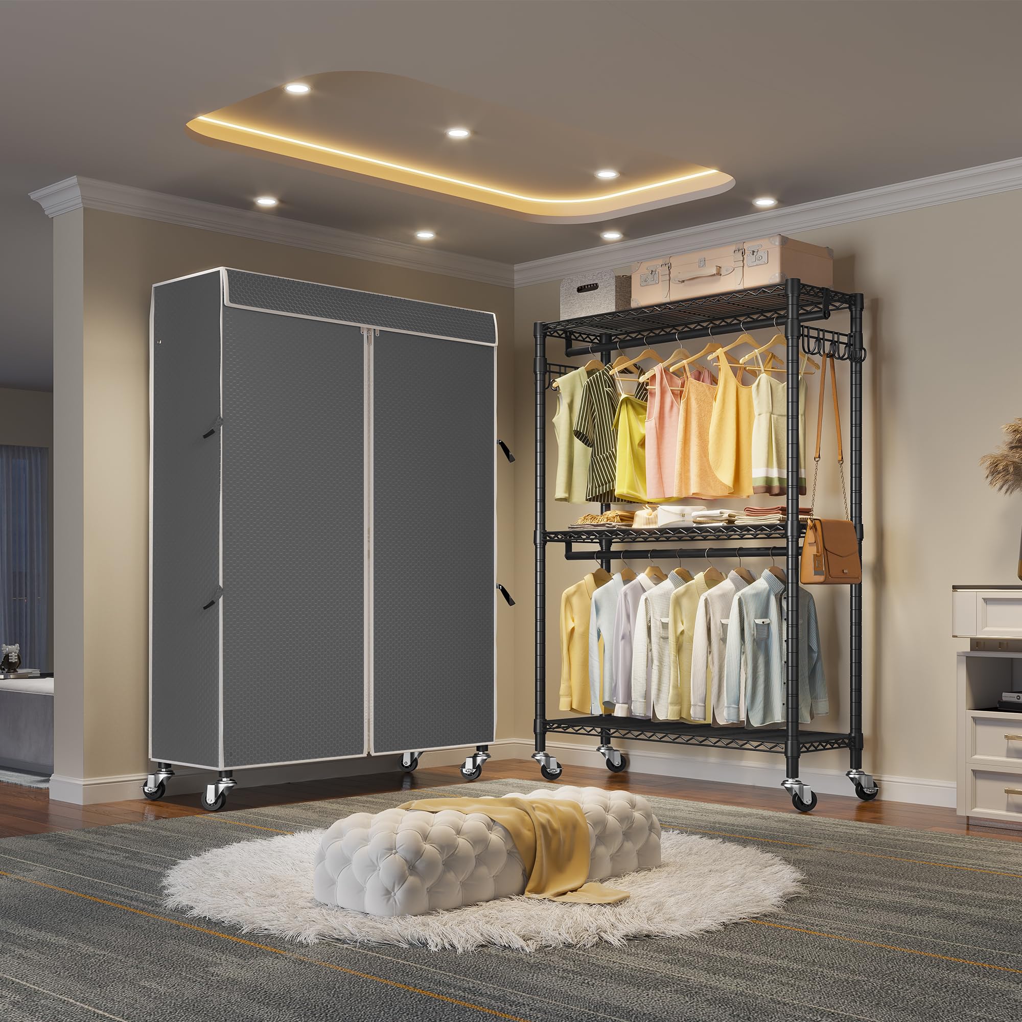 Vipek V12C Heavy Duty Rolling Garment Rack With Cover Clothing Rack For Hanging Clothes Portable Closets With Adjustable 3 Wire