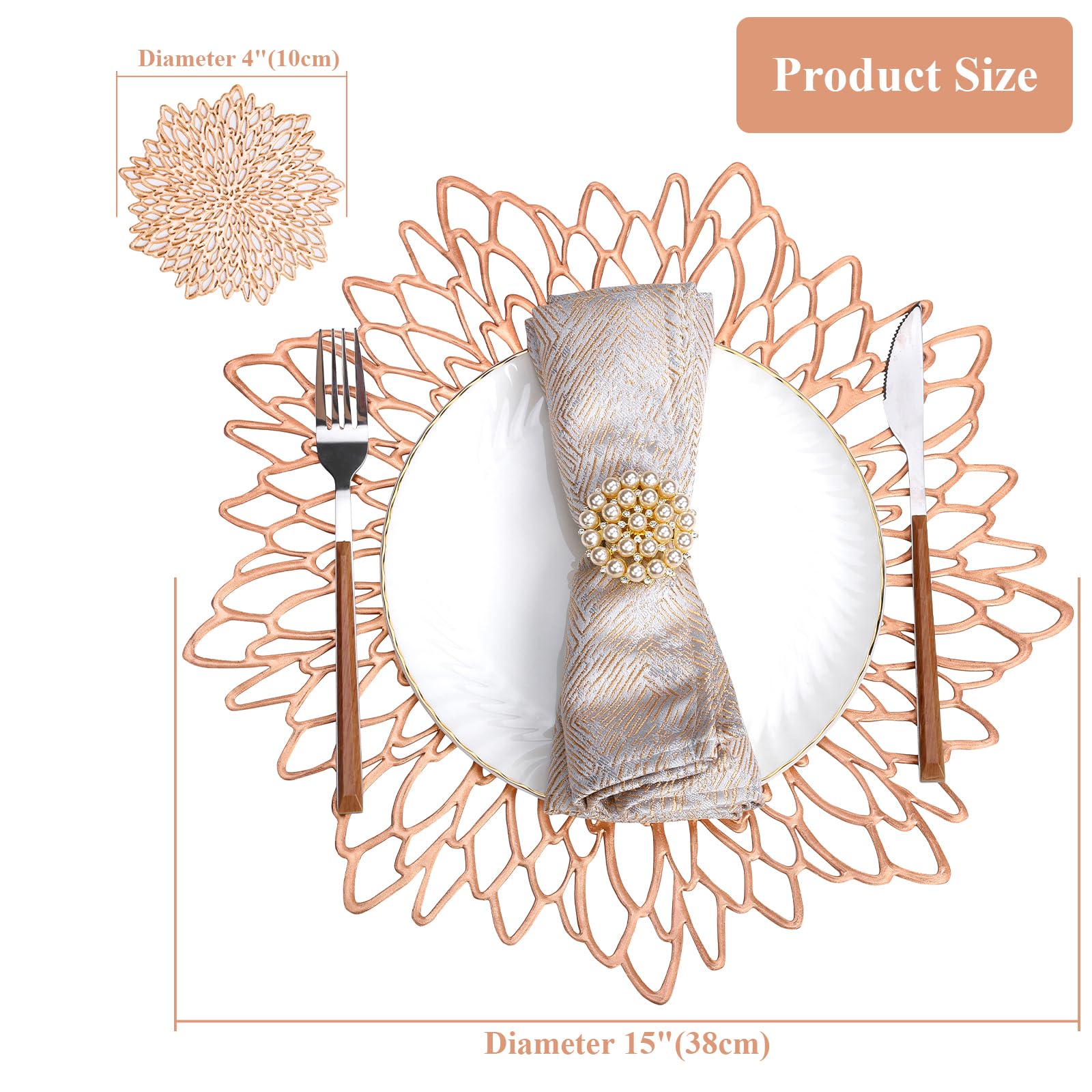 U'Artlines 6 Pair Rode Gold Floral Hollow Out Placemats With Matching Coasters, Total 12 Pcs Metallic Laminated Vinyl Placemats