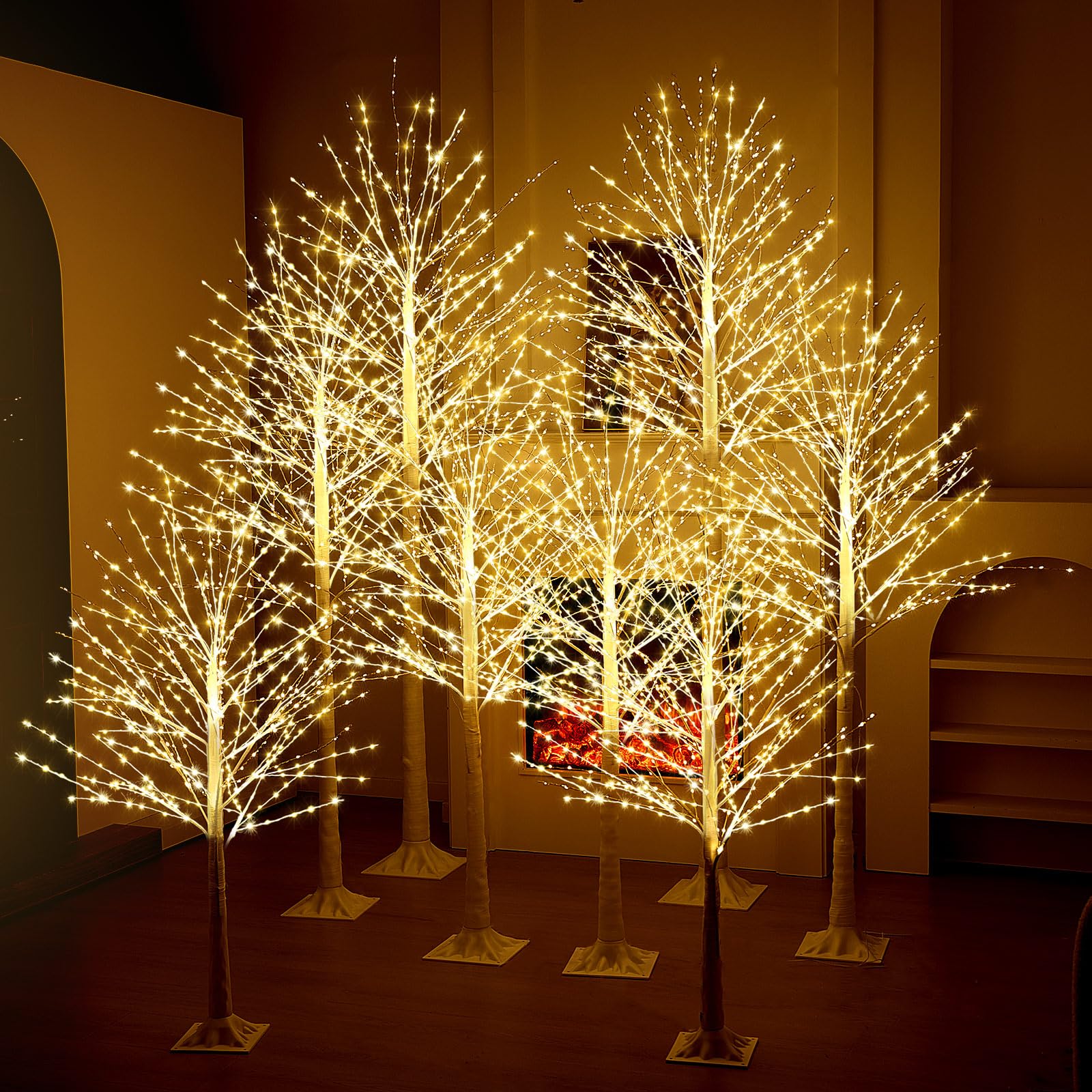 Baquler 8 Pack Lighted Birch Tree - 4 5 6 8 Large Christmas Warm-White LED 8 Mode Light Birch Tree Decoration Set for Thanks