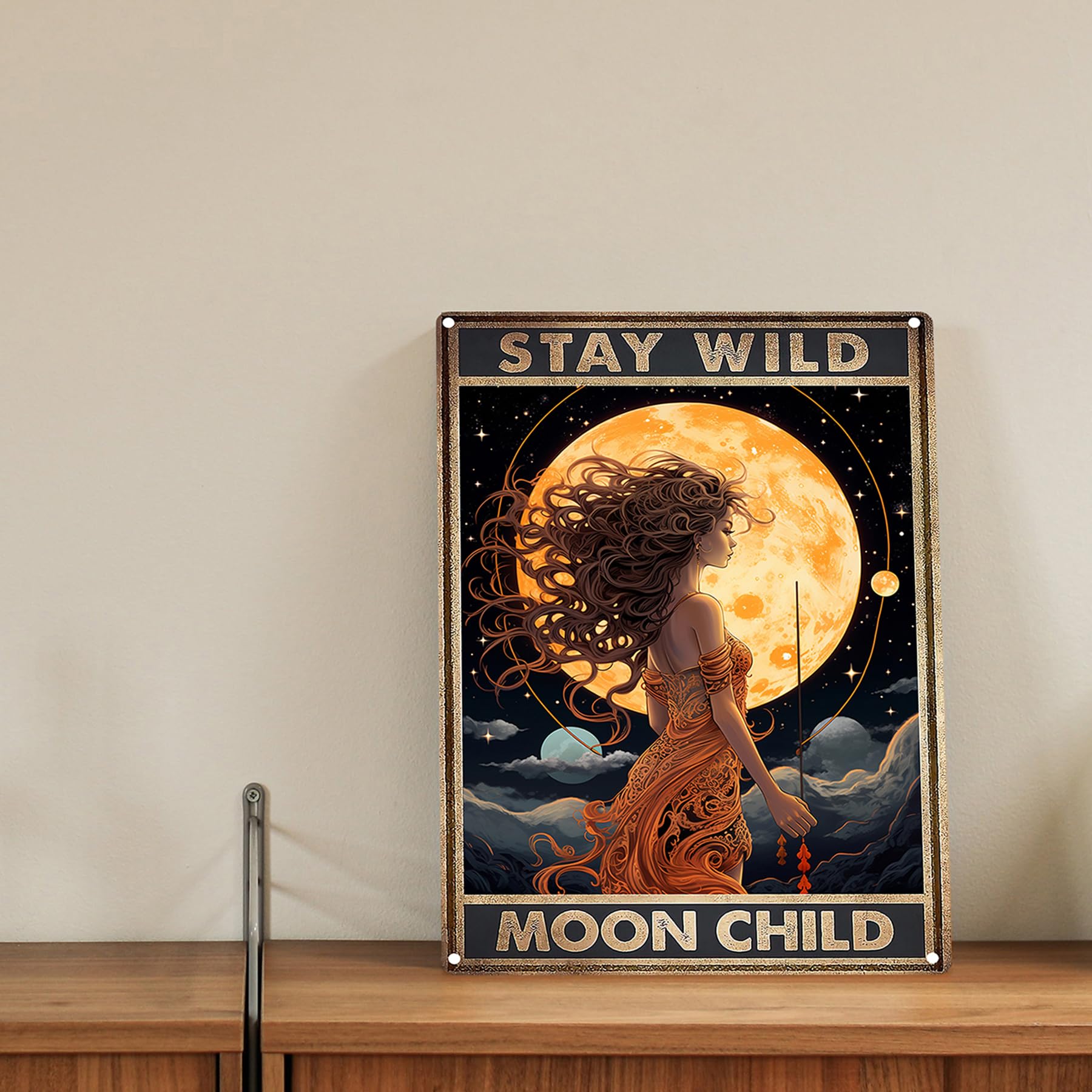 SANTUKEY Tin Sign Stay Wild Moon Child Metal Signs Vintage Art Plaque for Home Bar Bedroom Man Cave Office Girls' Room Coffee Wa