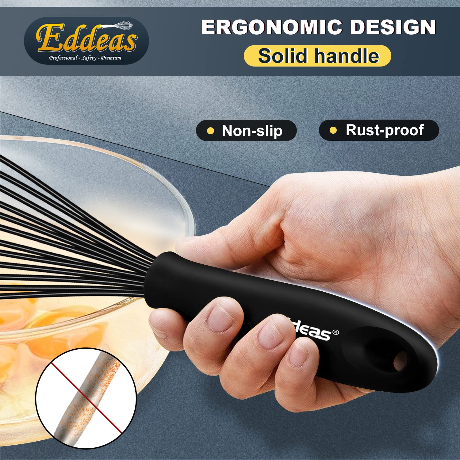 Silicone Whisk, Eddeas Stainless Steel & Silicone Non-Stick Coated Whisks Set Of 3-Heat Resistant Kitchen Whisks, Balloon Egg Be