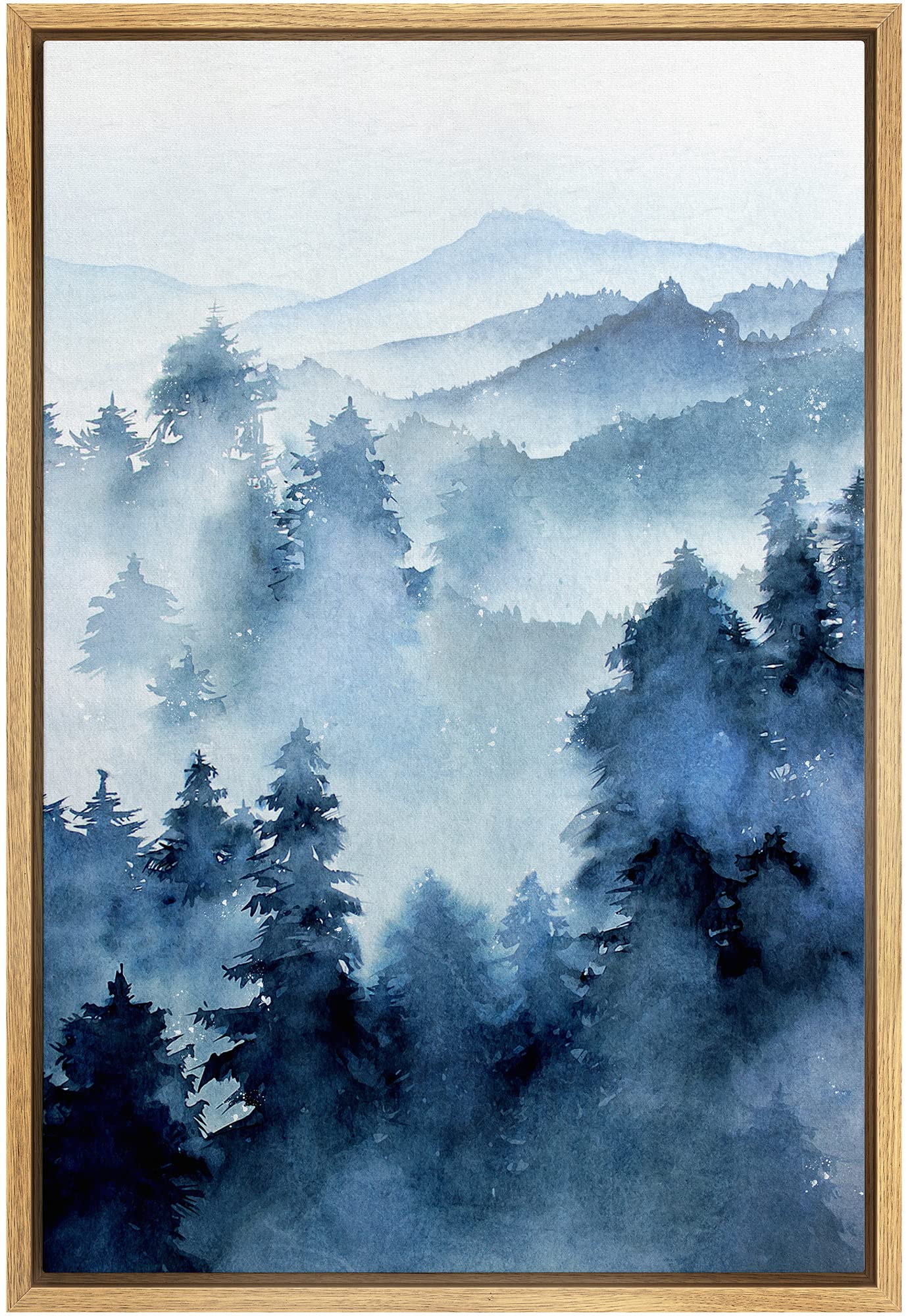 Signwin Framed Canvas Print Wall Art Woodland Nursery Decor Blue Winter Mist Pastel Mountain Forest Nature Modern Art Decorative