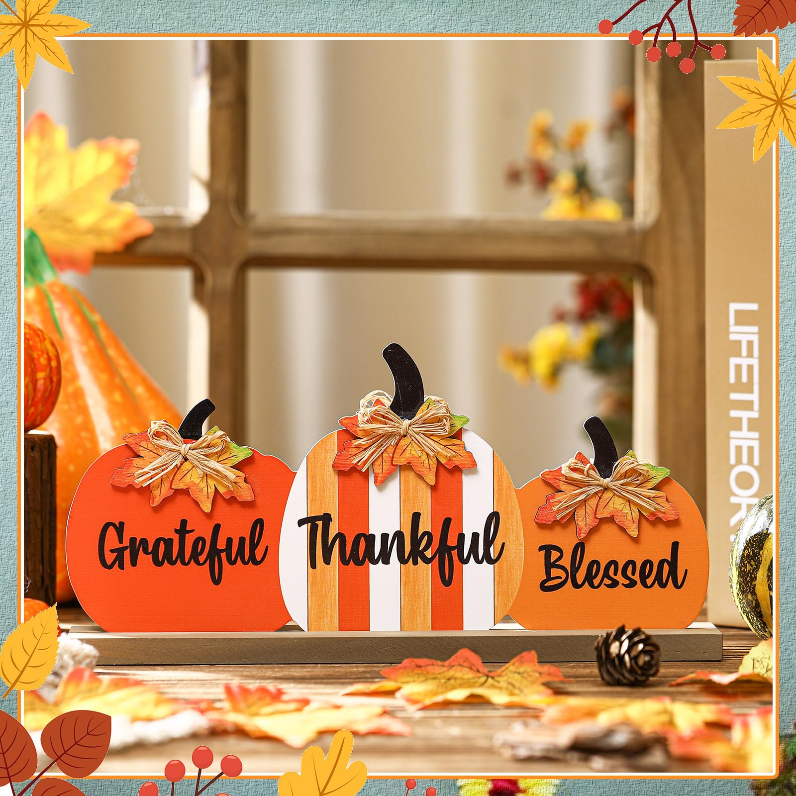 Purpeak Reversible Fall Thanksgiving Pumpkin Wooden Table Sign Double Sided Blessed Grateful Thankful Tabletop Decor Farmhouse V