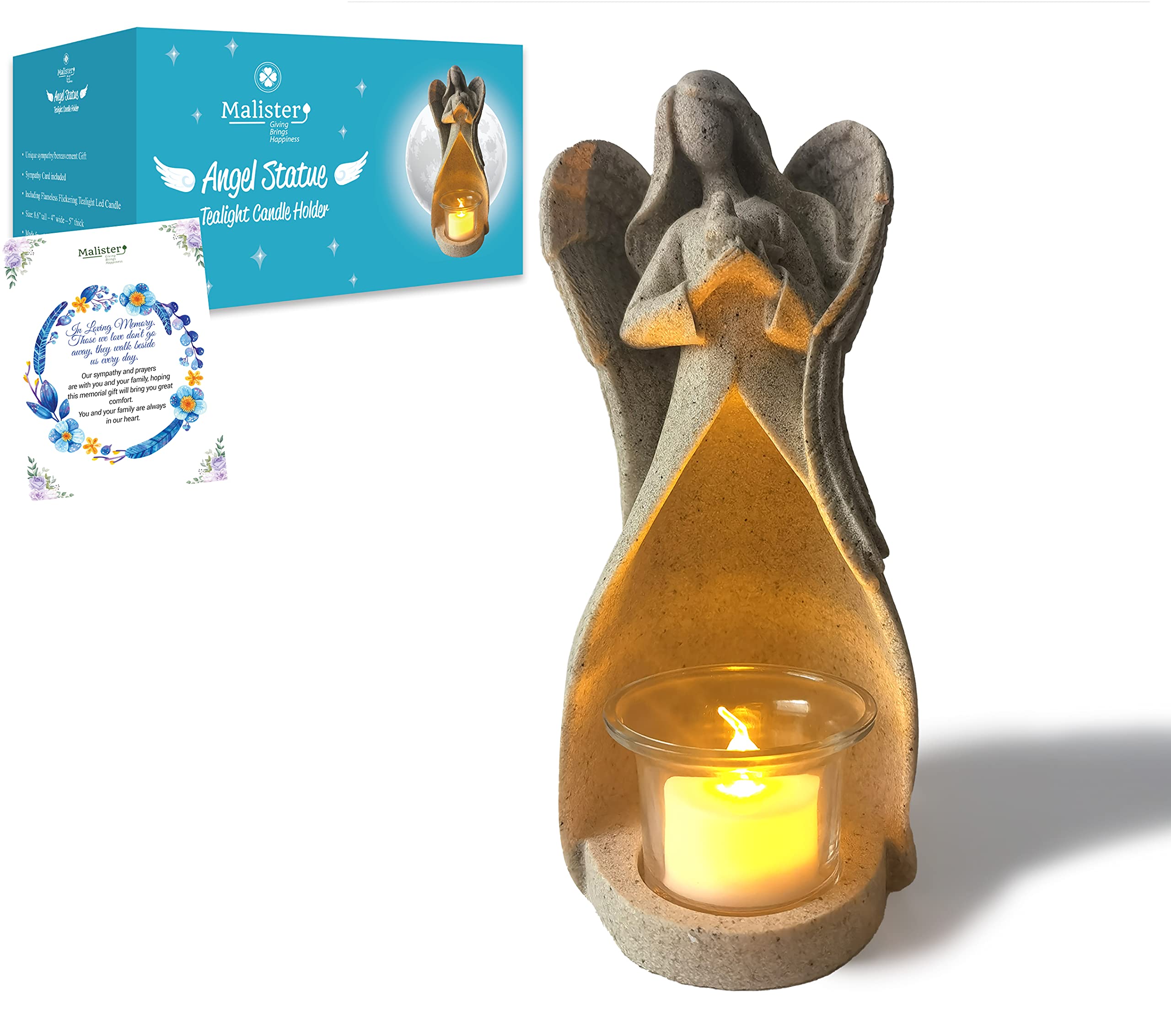 Malister Memorial Gifts - Angel Figurines Tealight Candle Holder, Sympathy Gifts for Loss of Loved One, W/Flickering Led Candle,