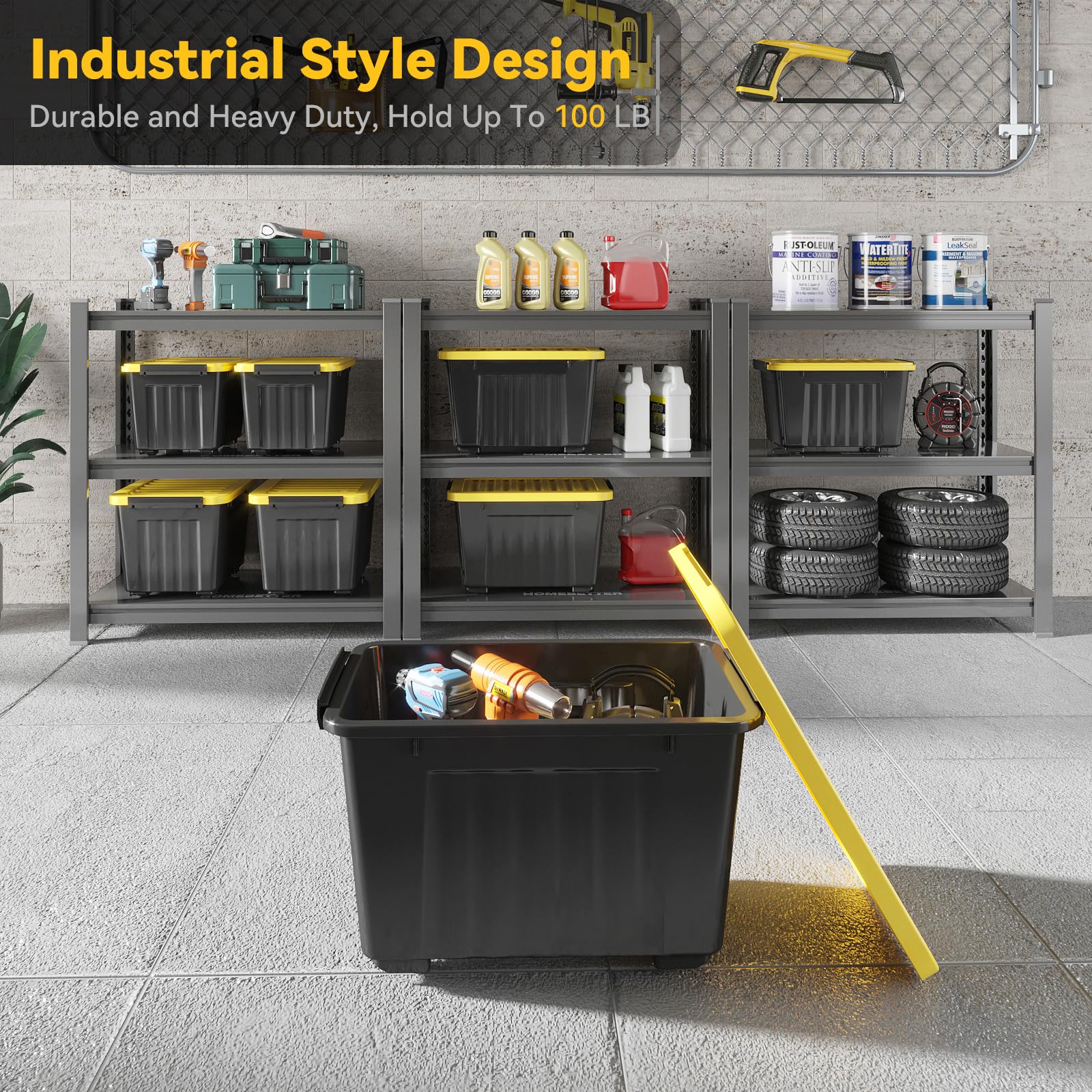 Nazhura 97 Quart Plastic Storage Bin, Stackable And Nestable Storage Boxes With Yellow Lids And Secure Latching Buckles, Large S