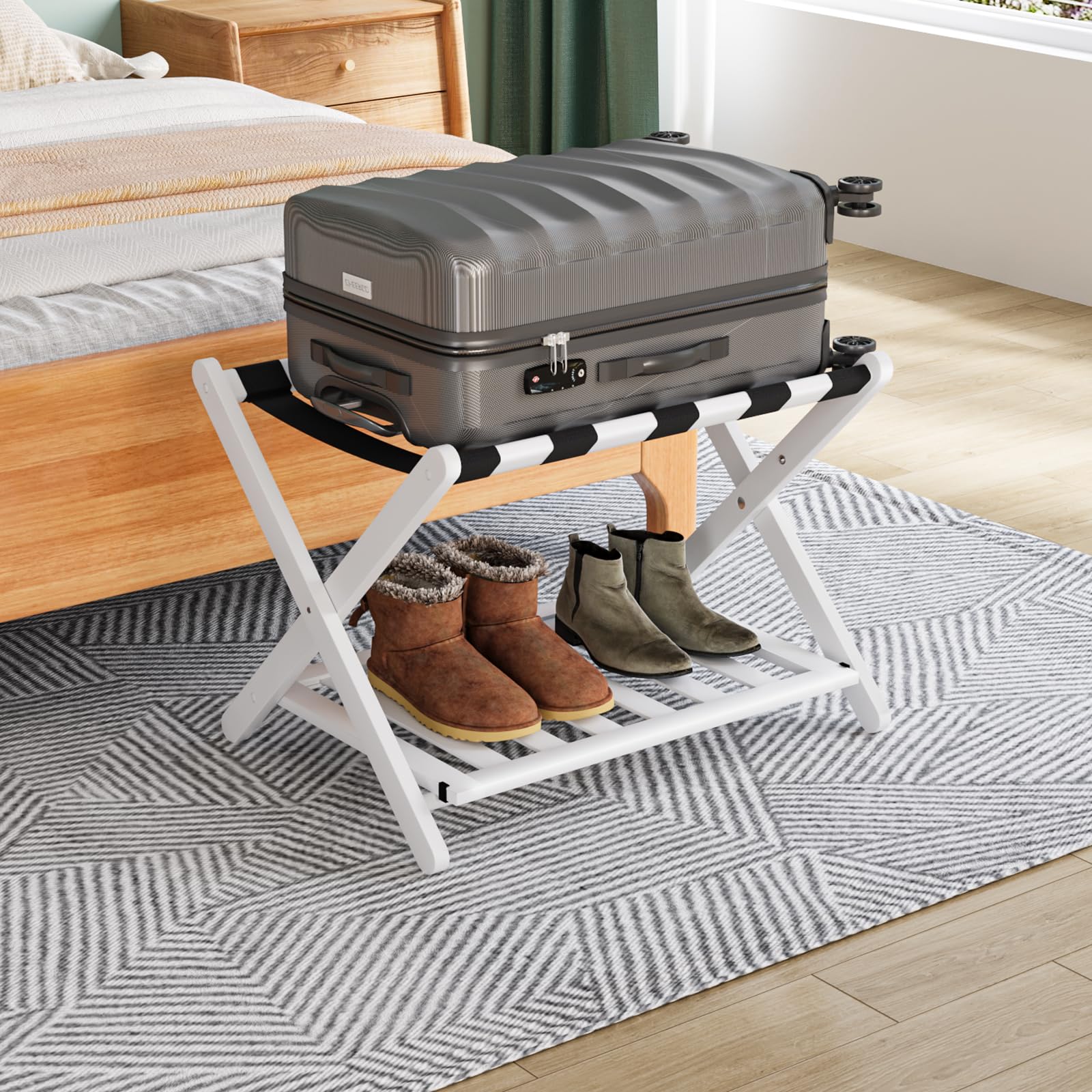 Smuxee Fully Assembled White Luggage Rack, Upgraded Bamboo Foldable Suitcase Stand With 5 Nylon Straps, Luggage Holder With Shel