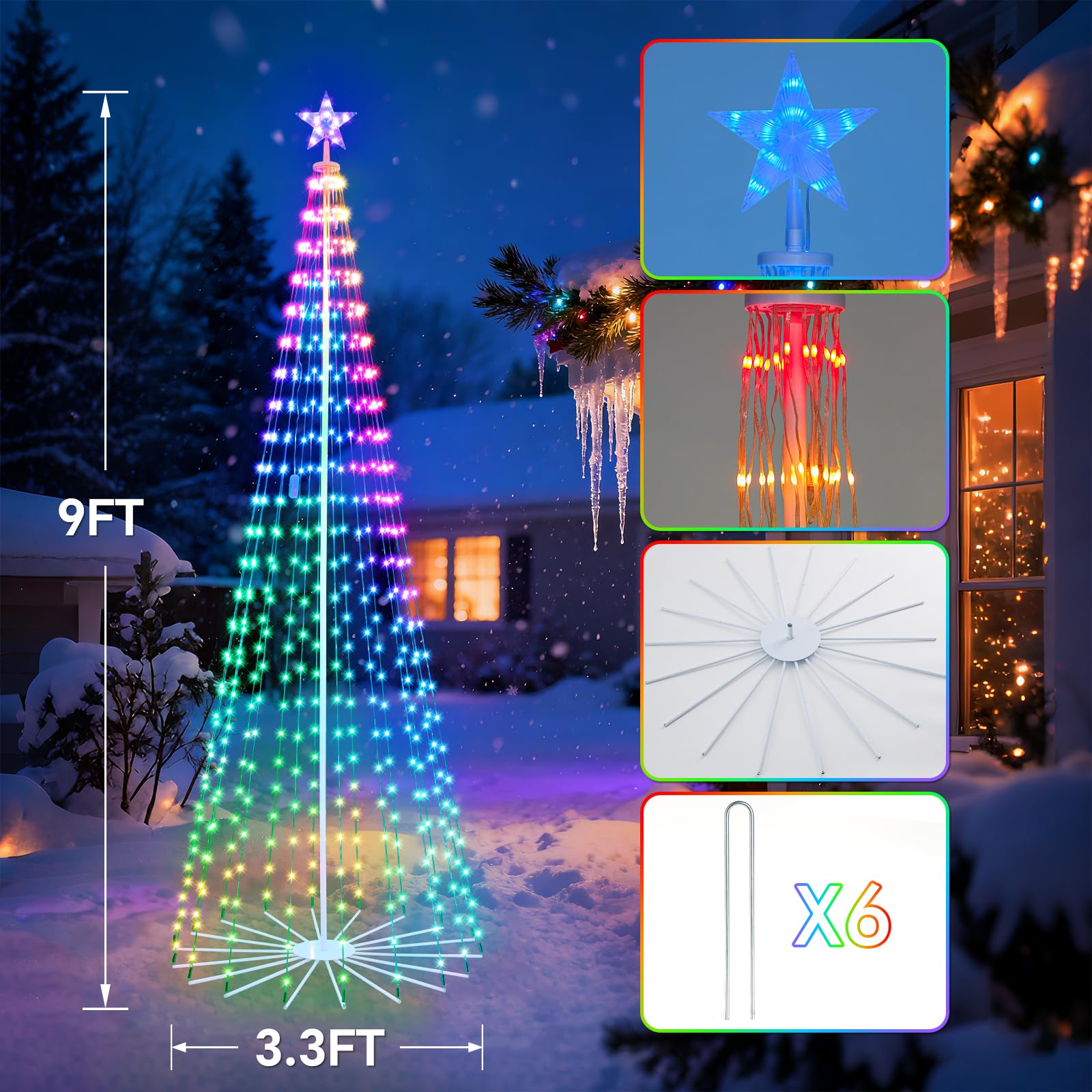 HOLILLUMA 9FT Outdoor Christmas Tree, RGB Color Changing Pre-lit Smart Cone Christmas Tree with LED Lights, App&Remote Control,