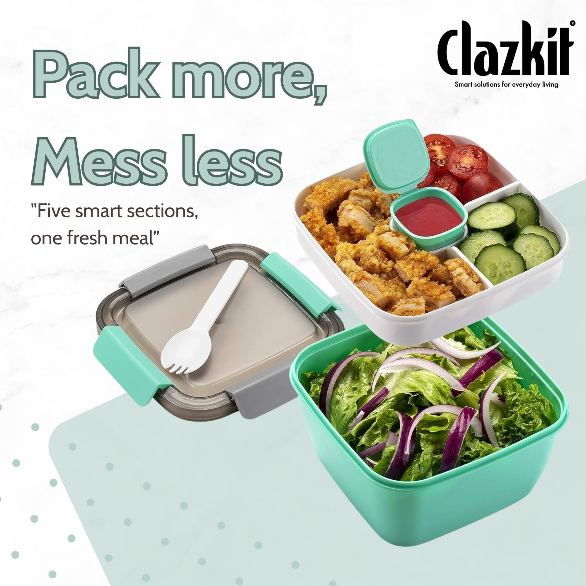 Clazkit Plastic Salad Lunch Box Container with Cutlery and Sauce Container with 5 Compartment Bento Style Tray Leak Proof Lunch