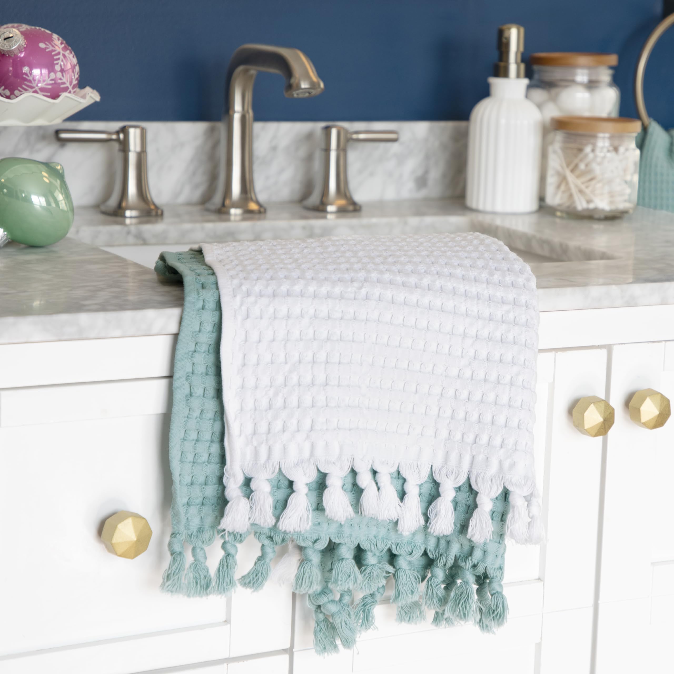 Gilden Tree Decorative Waffle Hand Towels For Bathroom, 20X35 Large, Quick Drying Fingertip Towel, 2 Pack, Modern Style (Seafoam