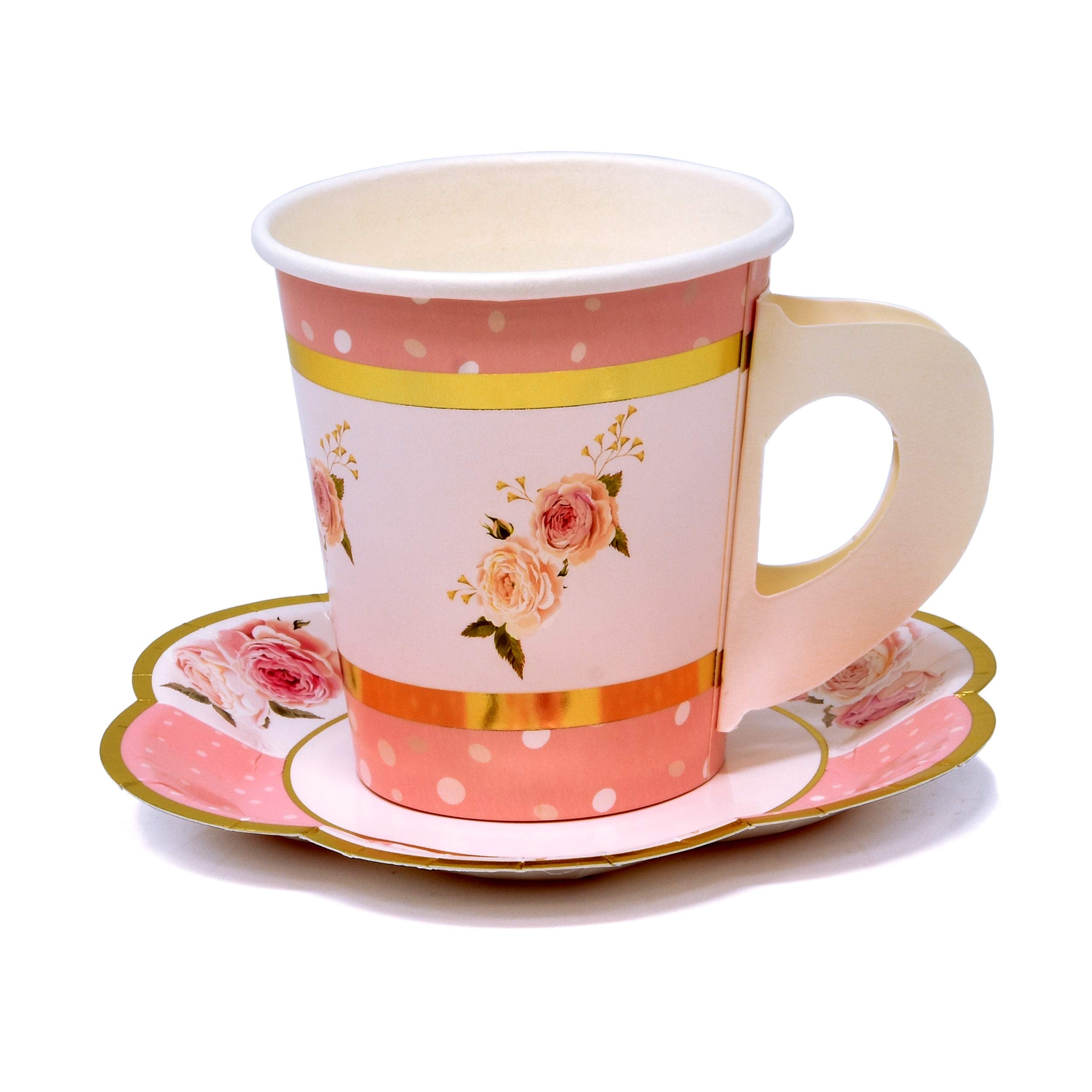 Gift Boutique 36 Paper Tea Cups 5 Oz. Disposable 36 Saucers 5 '' Floral Shaped Plate Teacup Set With Handle For Kids Adults Birt