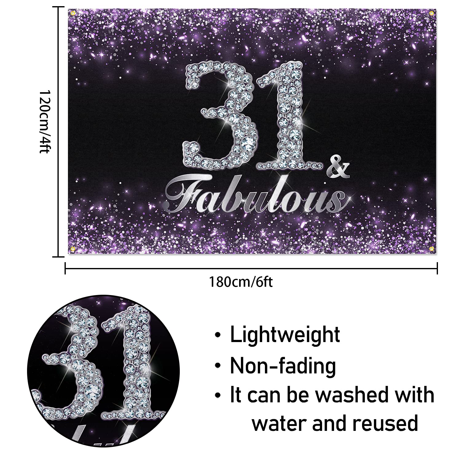 Hamigar 6X4Ft Happy 31St Birthday Banner Backdrop - 31 & Fabulous Birthday Decorations Party Supplies For Women - Purple
