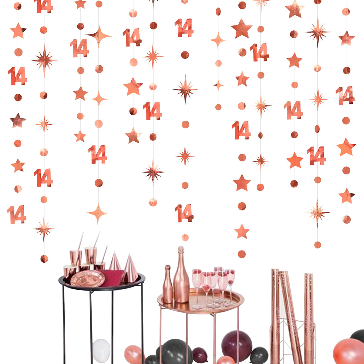 52Ft Rose Gold 14Th Birthday Decorations Number 14 Circle Dot Star Garland Metallic Hanging Streamer Banner Backdrop For Girls H