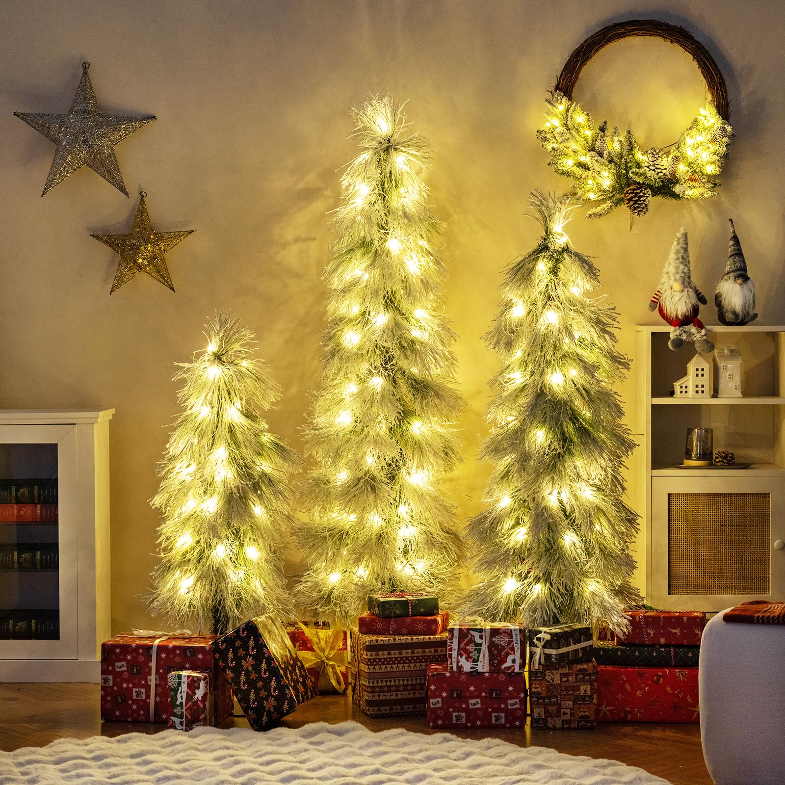 Goplus 3 4 5 Pre-Lit Snow Flocked Christmas Tree Set of 3, Slim Pencil Artificial Xmas Trees with 150 Warm White LED Lights,