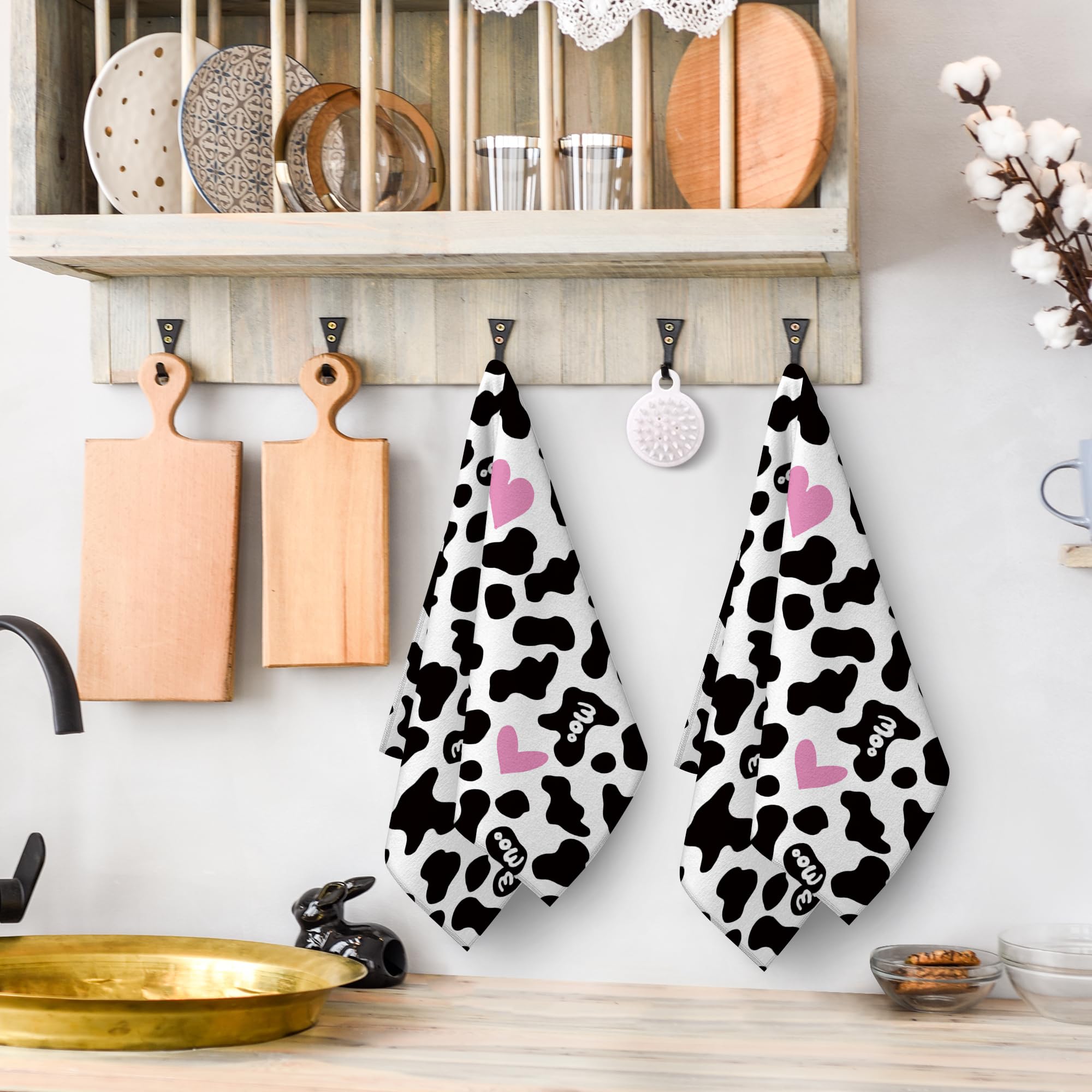 Cow Print Pink Heart Decorative Kitchen Towels With Hanging Loop Set Of 2, Soft Absorbent Dish Towels For Kitchen Drying,Kitchen