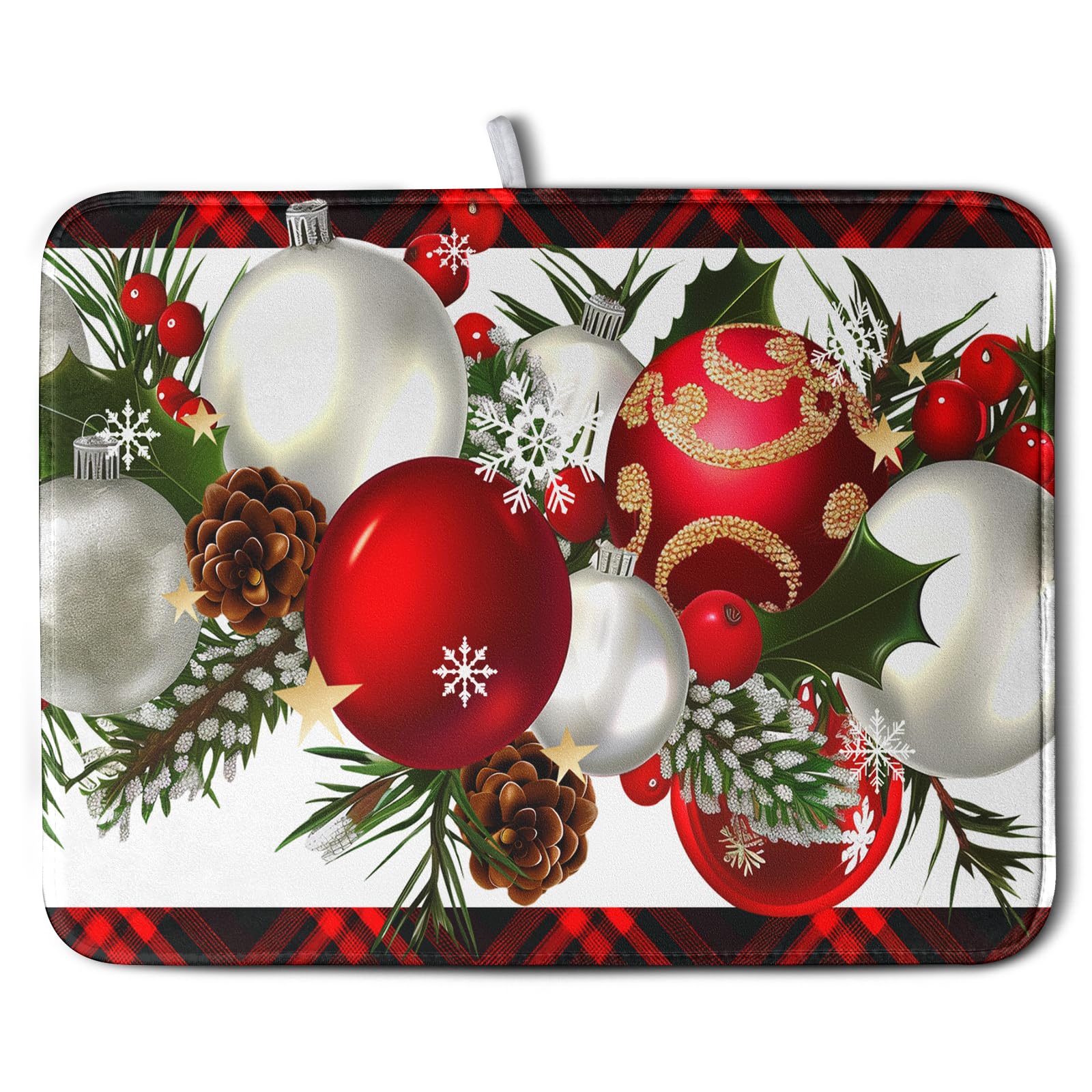 Kwlegh Red Buffalo Plaid Christmas Kitchen Drying Mats for Dishes Xmas Ball Snowflake Pine Cones Dish Drainer Rack Mat Winter Mi