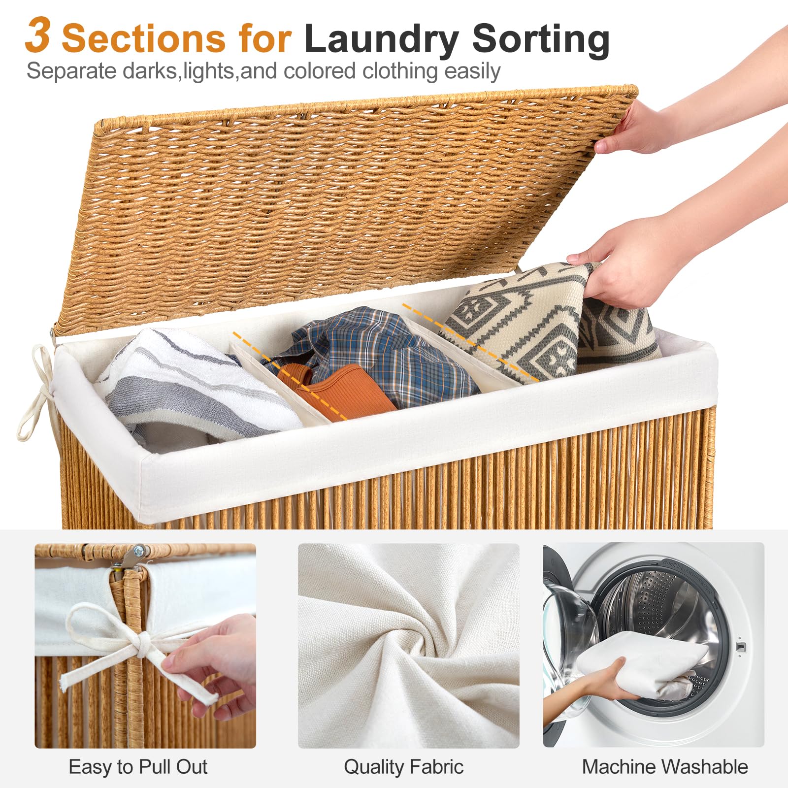 Wowlive Laundry Hamper With Wheels, 160L Handwoven Rolling Laundry Basket 3 Section With Lid, Clothes Hamper With Removable Line