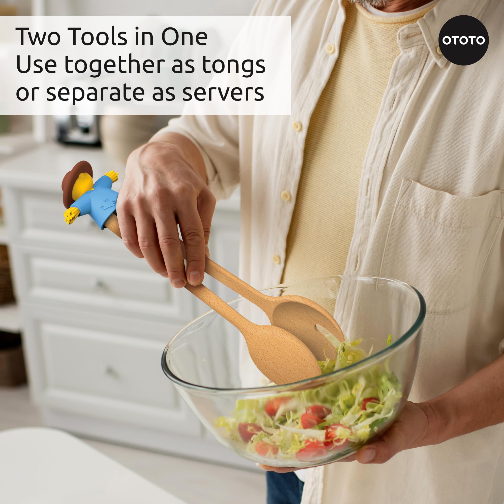 NEW - OTOTO Sal Scarecrow Salad Tongs (2-Piece) - Wooden Tongs Set, Food Safe Toaster Tongs for Serving, Cute Kitchen Tongs, Coo