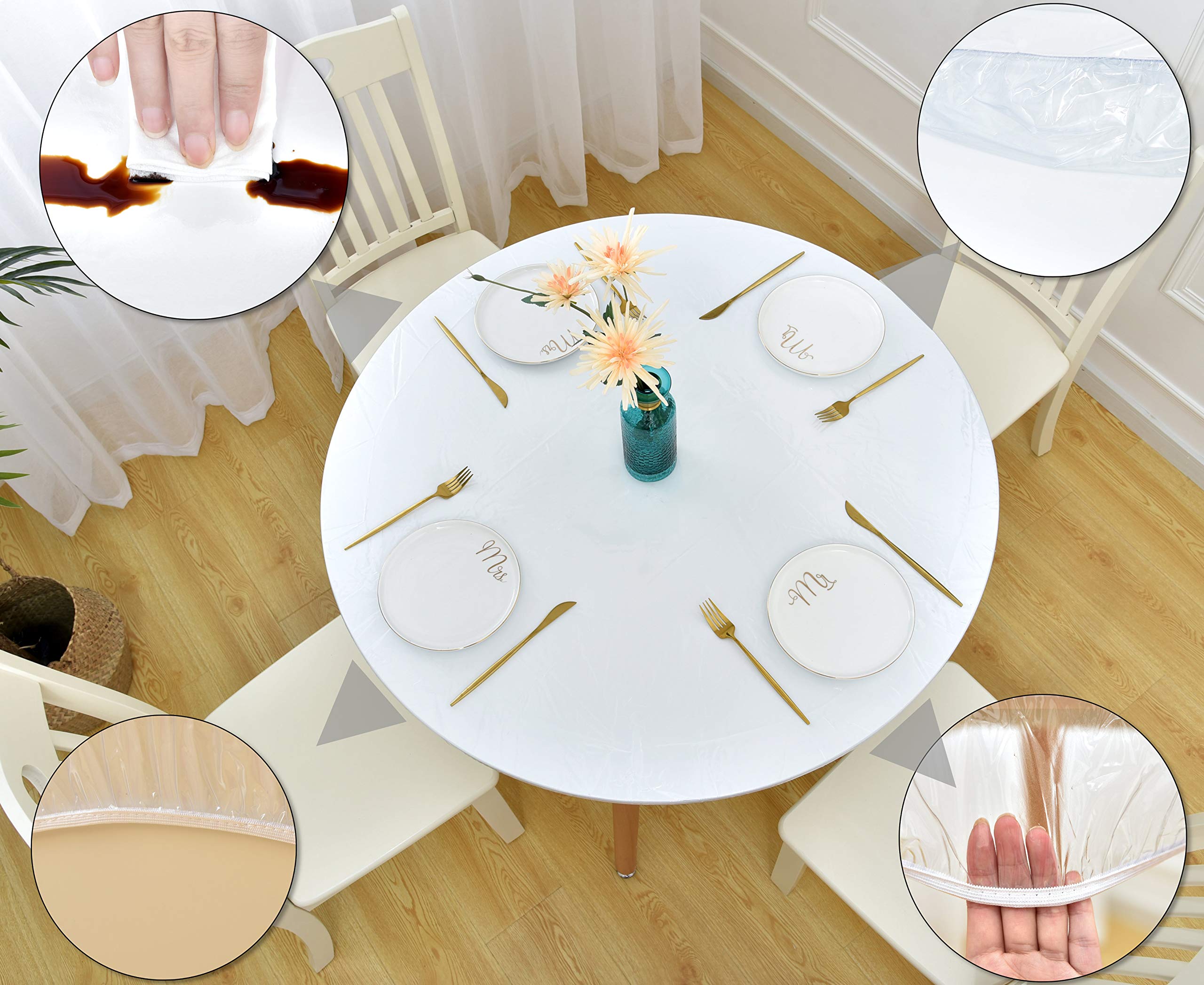 Rally Home Goods Indoor Outdoor Heavy Duty Premium Clear Transparent Round Fitted Vinyl Tablecloth, Elastic Edge, Waterproof Wip