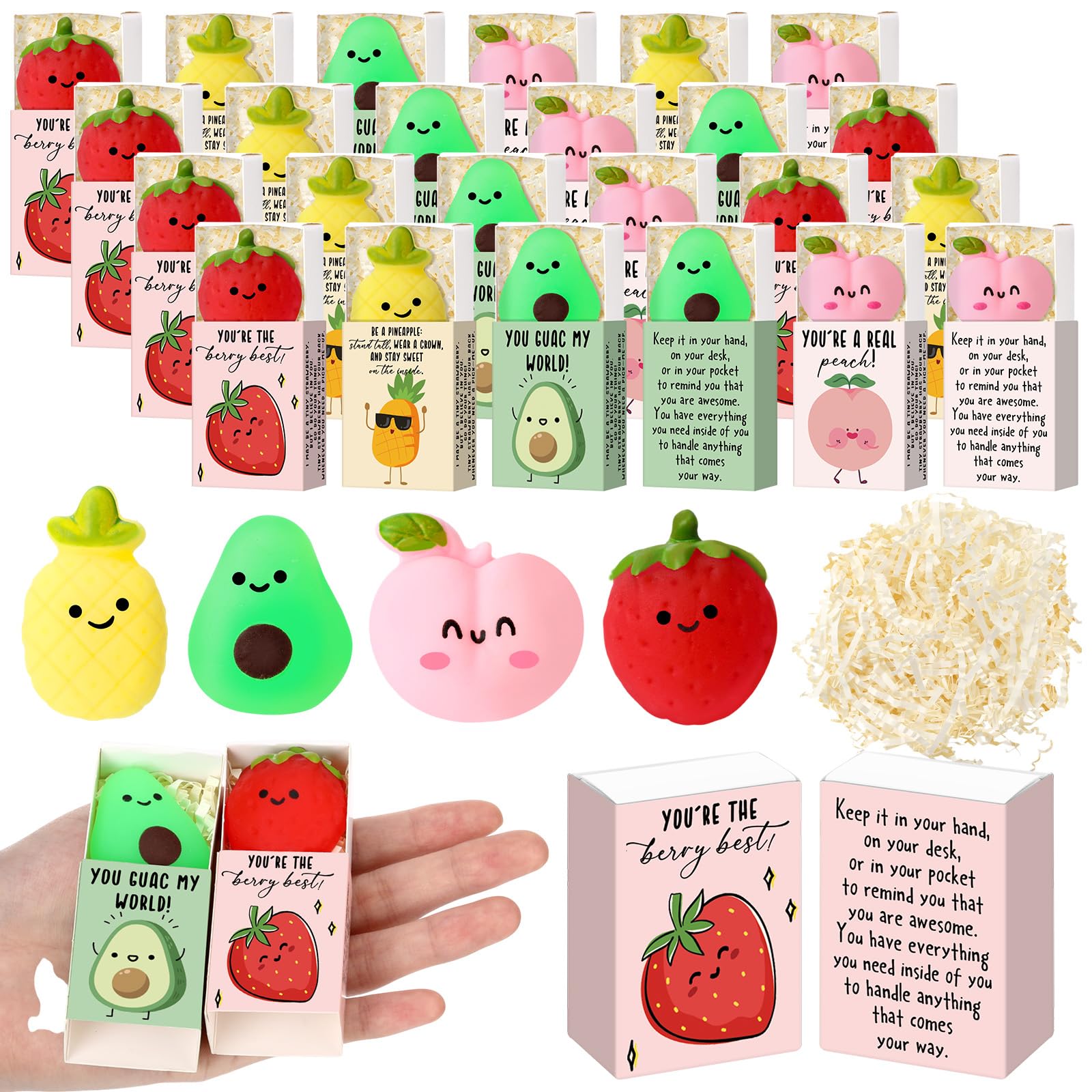 Wettarn 36 Sets Appreciation Fruit Gifts Cute Stress Balls with Support Gift Boxes Inspirational Party Favors for Employee Cowor