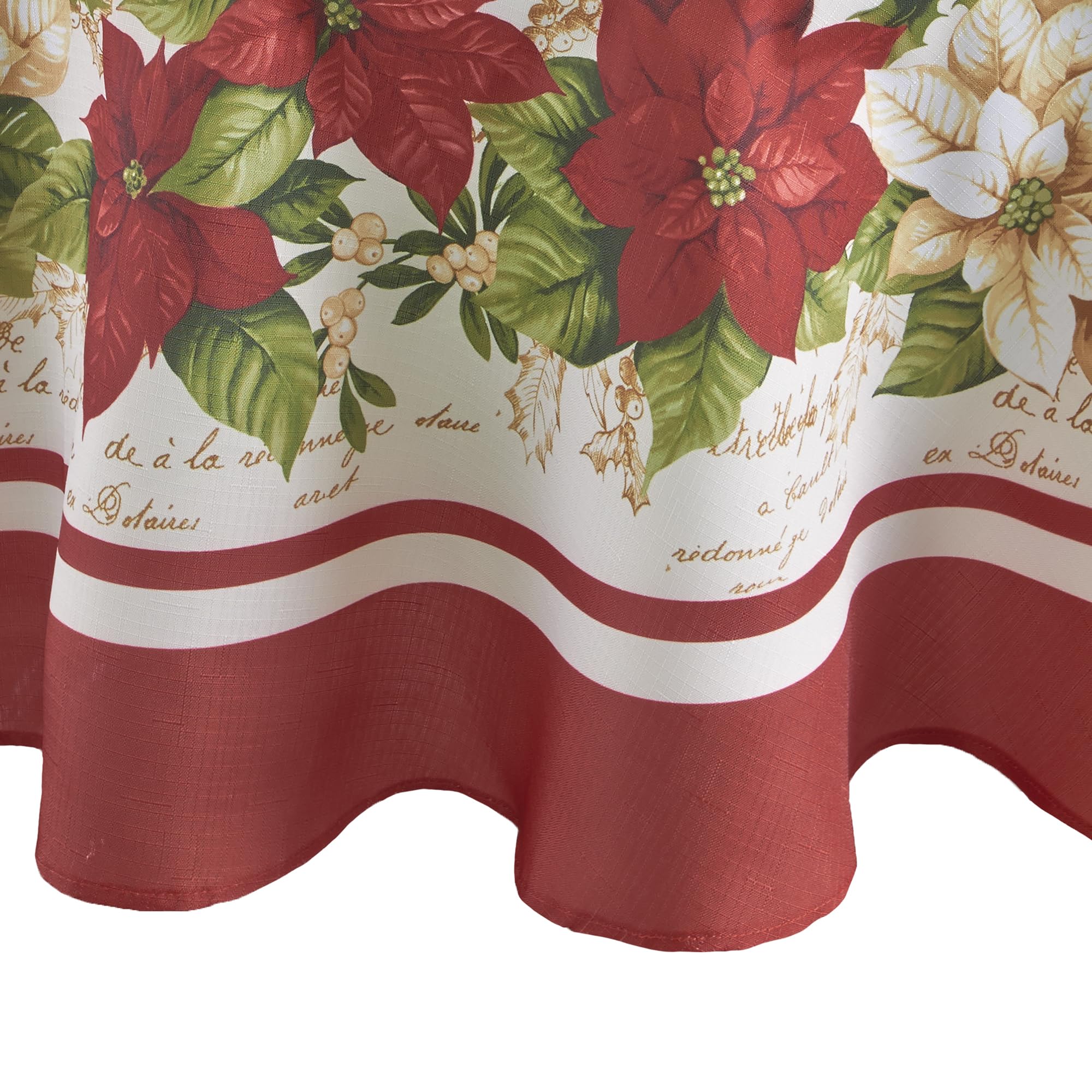 Elrene Home Fashions Red And White Poinsettia Holiday Fabric Wrinkle Resistant Tablecloth, 70'' Round, Multi