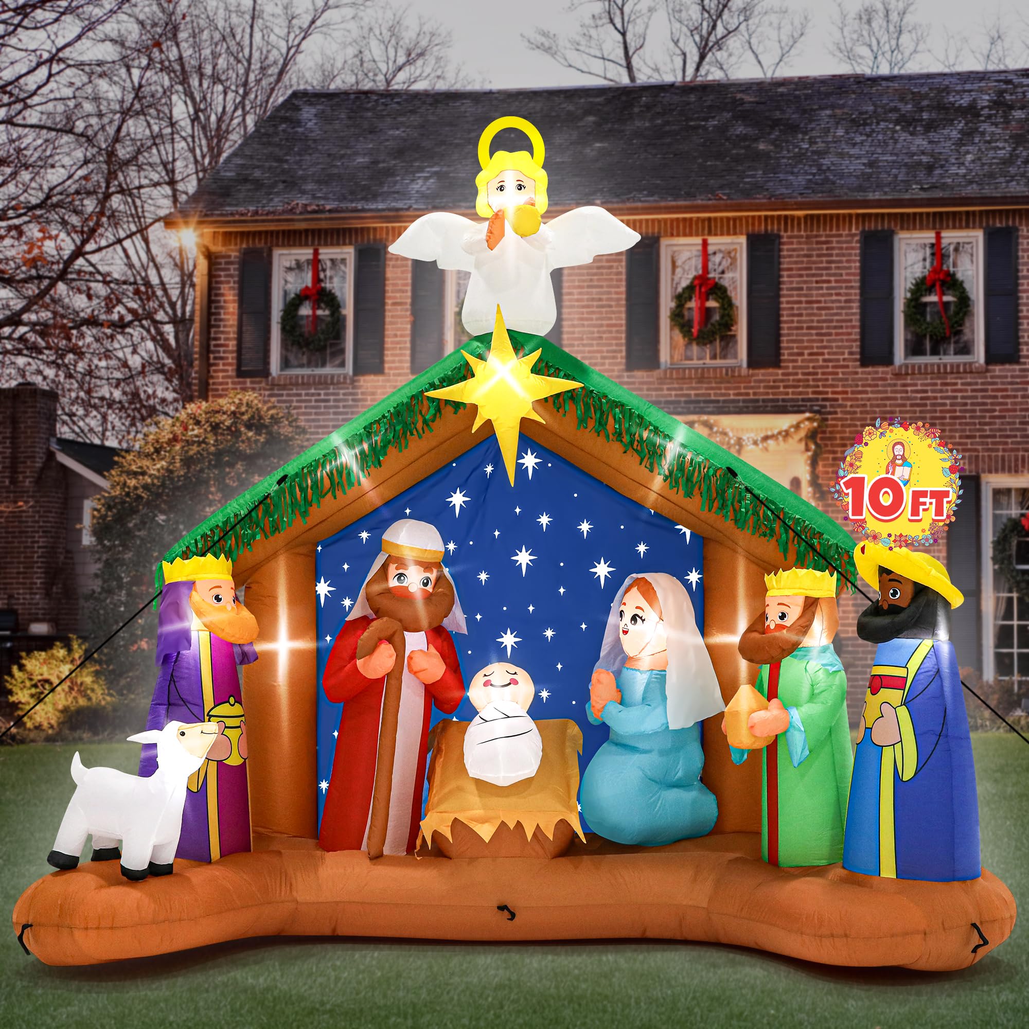 10FT Christmas Inflatables Decor, Blow Up Christmas Nativity Scene, LED Lighted The Birth of Jesus Scene Inflatables Decor, Outd