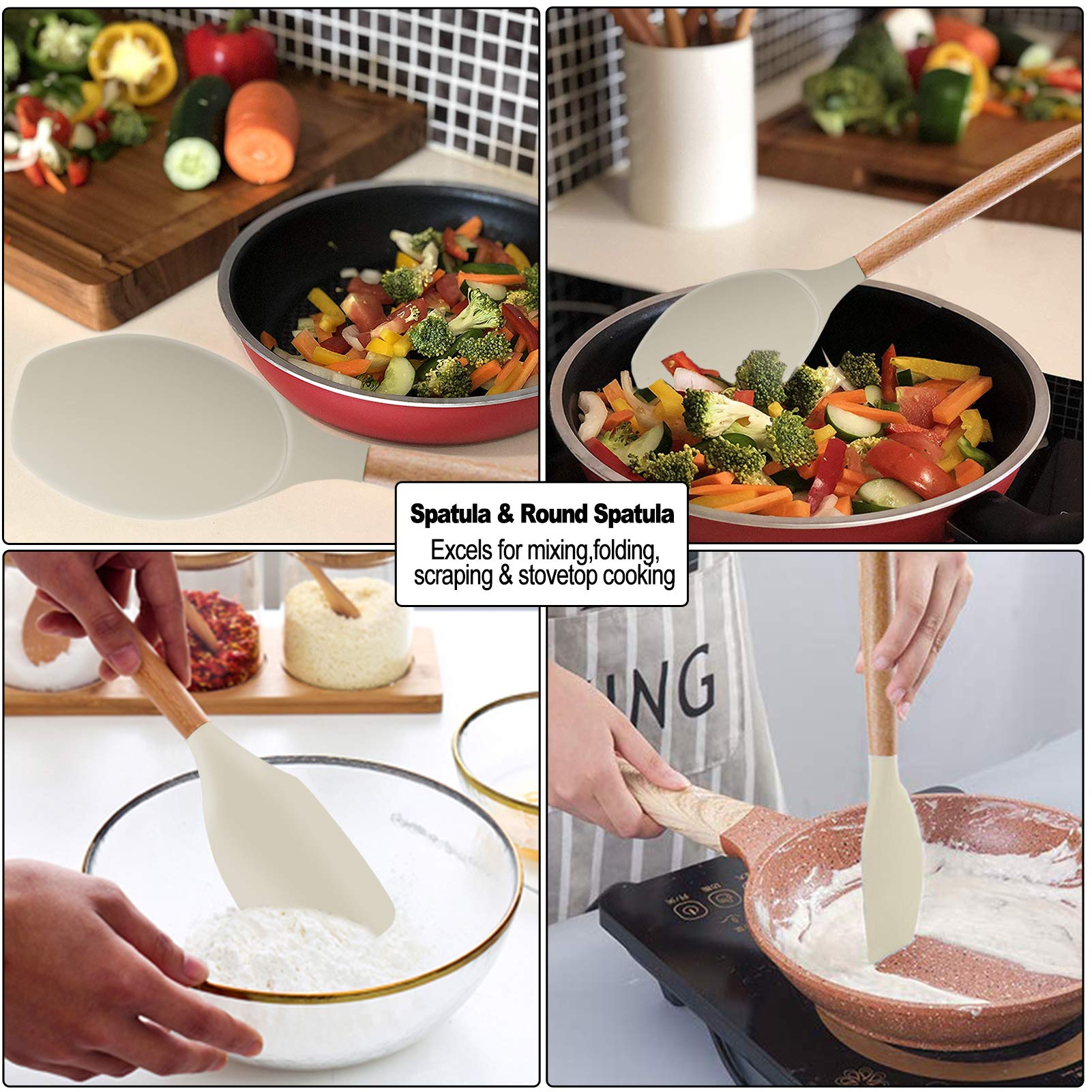 Silicone Kitchen Cooking Utensils Set - Heat Resistant/Non-Stick/Non Toxic/Bpa Free Silicon Spoons Spatula Whisk Tongs Wooden Ha