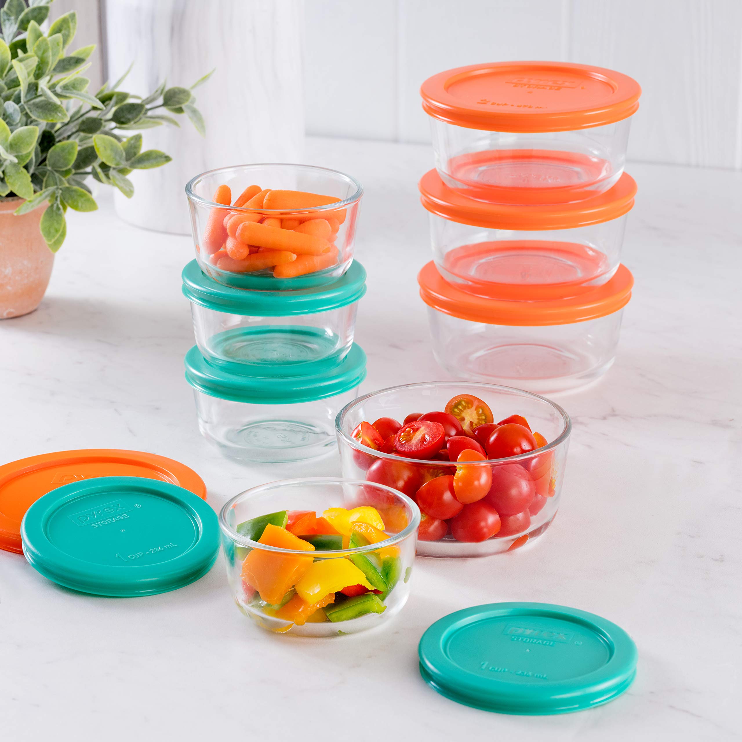 Pyrex 16-Piece Glass Food Storage Container Set - Includes Round 2-Cup & 1-Cup Containers With Lids, Bpa-Free, Dishwasher & Micr
