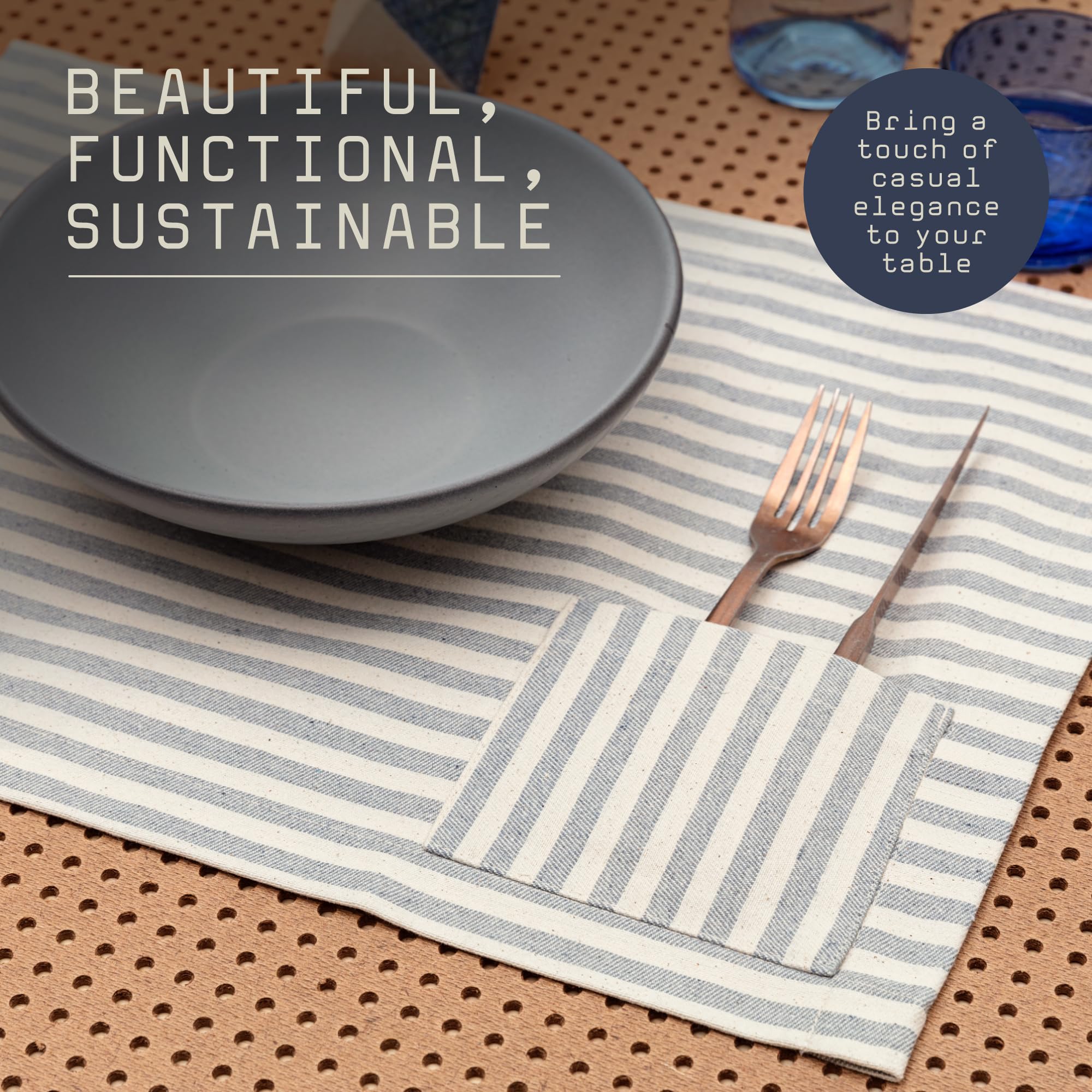 Meema Cloth Placemats With Pockets Set Of 4 | 14 X 20 In | Recycled Denim And Cotton Farmhouse Placemats - Striped | Washable Pl