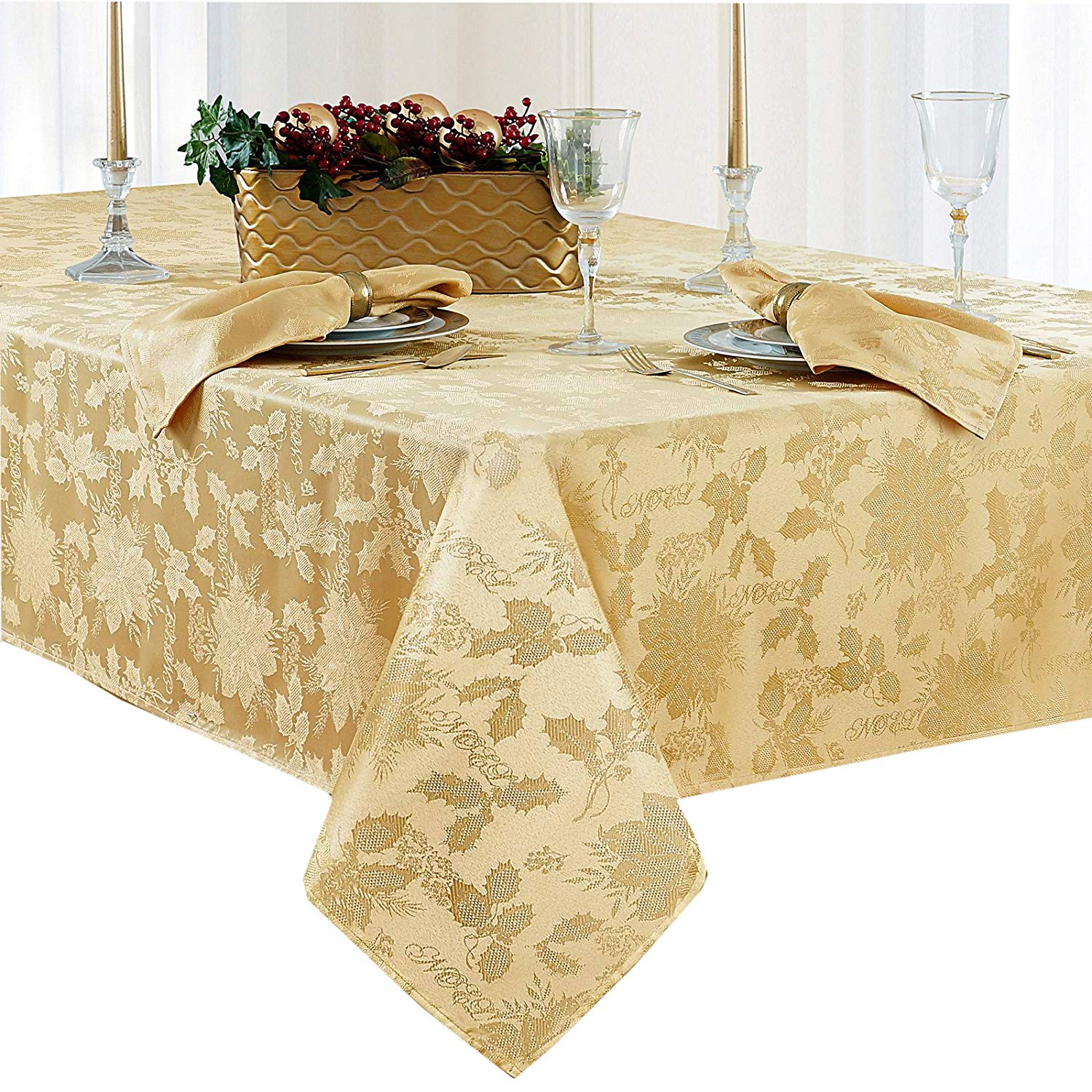Newbridge Achristmas Carola Holiday Noel Damask Tablecloth, Holly Leaf And Poinsettia Weave Damask Soil Resistant, Wrinkle Free