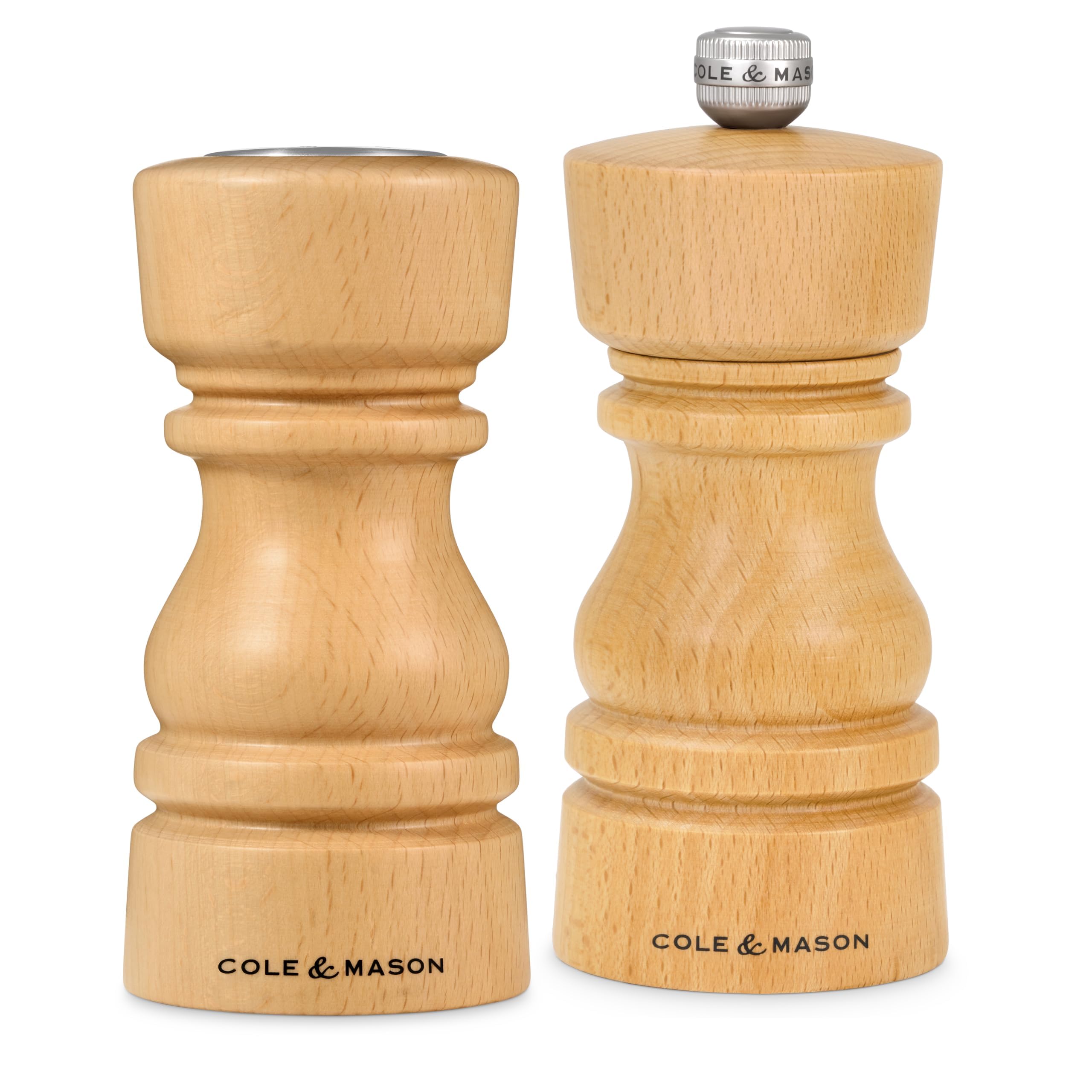 Cole & Mason London Wooden Shaker Gift Set - Refillable Salt & Pepper Grinder with Adjustable Grinding Mechanism - Natural Beech