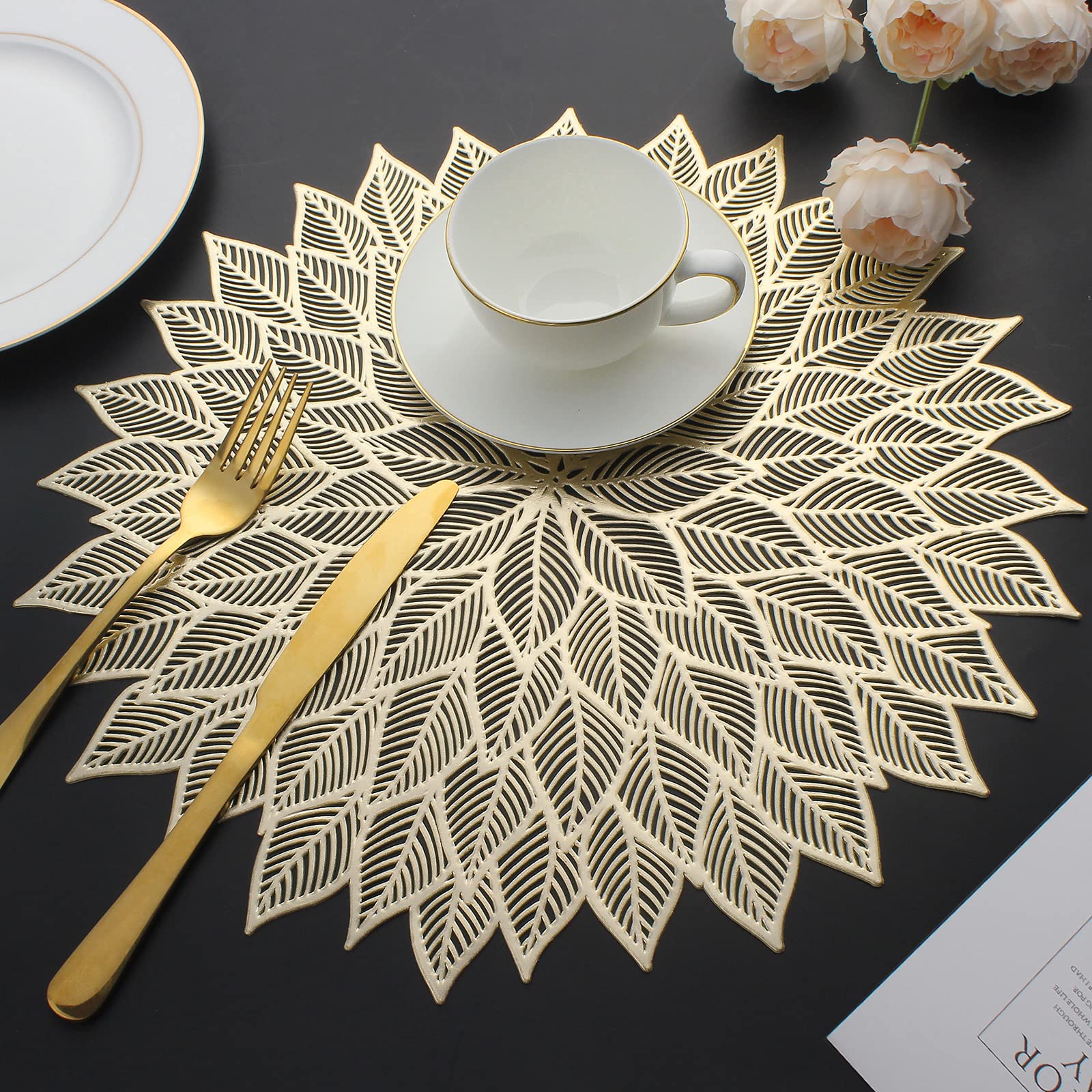 Mabbcoo Placemats Set Of 6, Round Hollow Out Flowers Place Mats For Dining Table Pressed Vinyl Blooming Leaf Table Mats For Holi